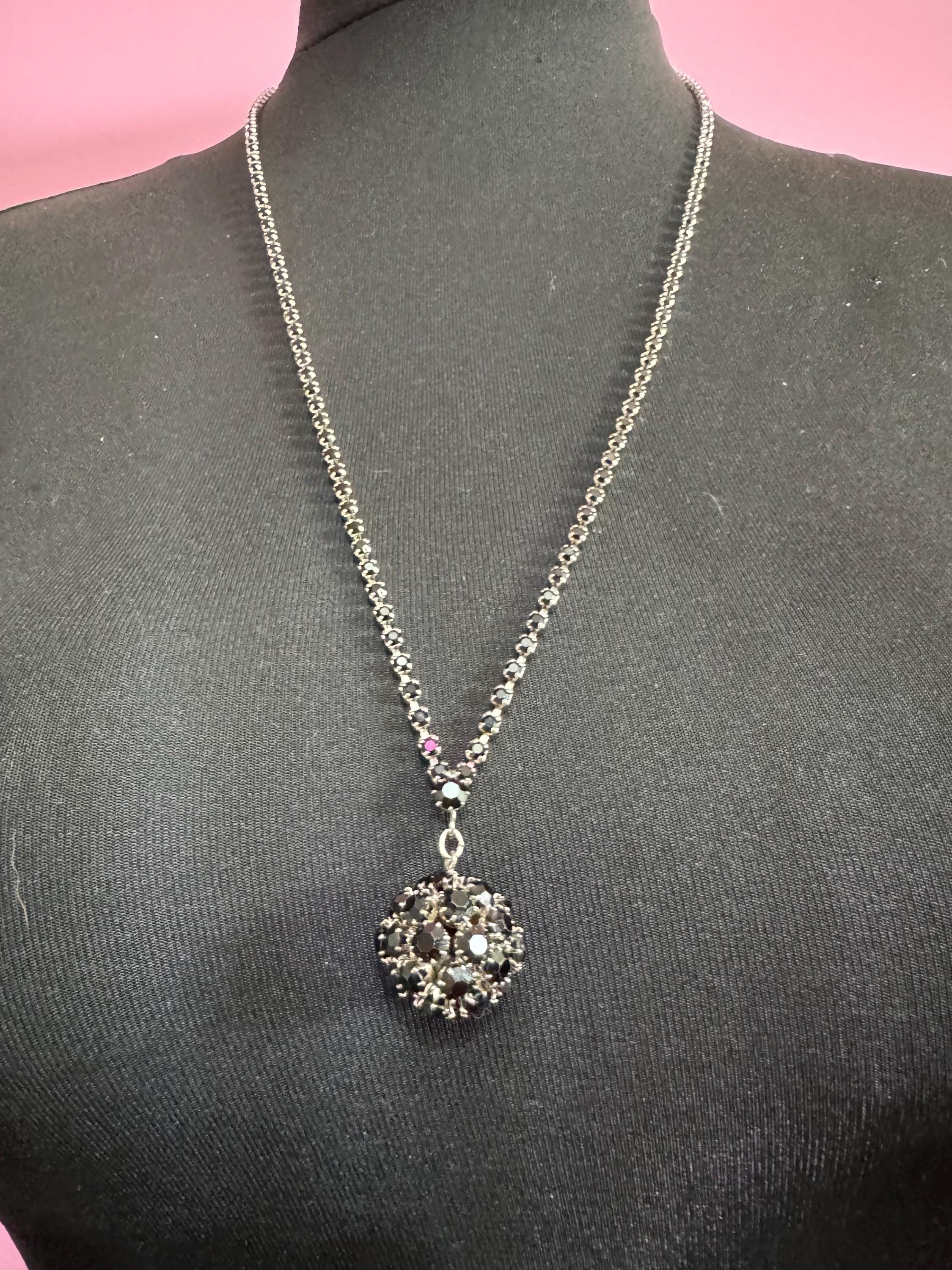 Vintage black glass diamanté rhinestone long ball pendant layering necklace 75cm