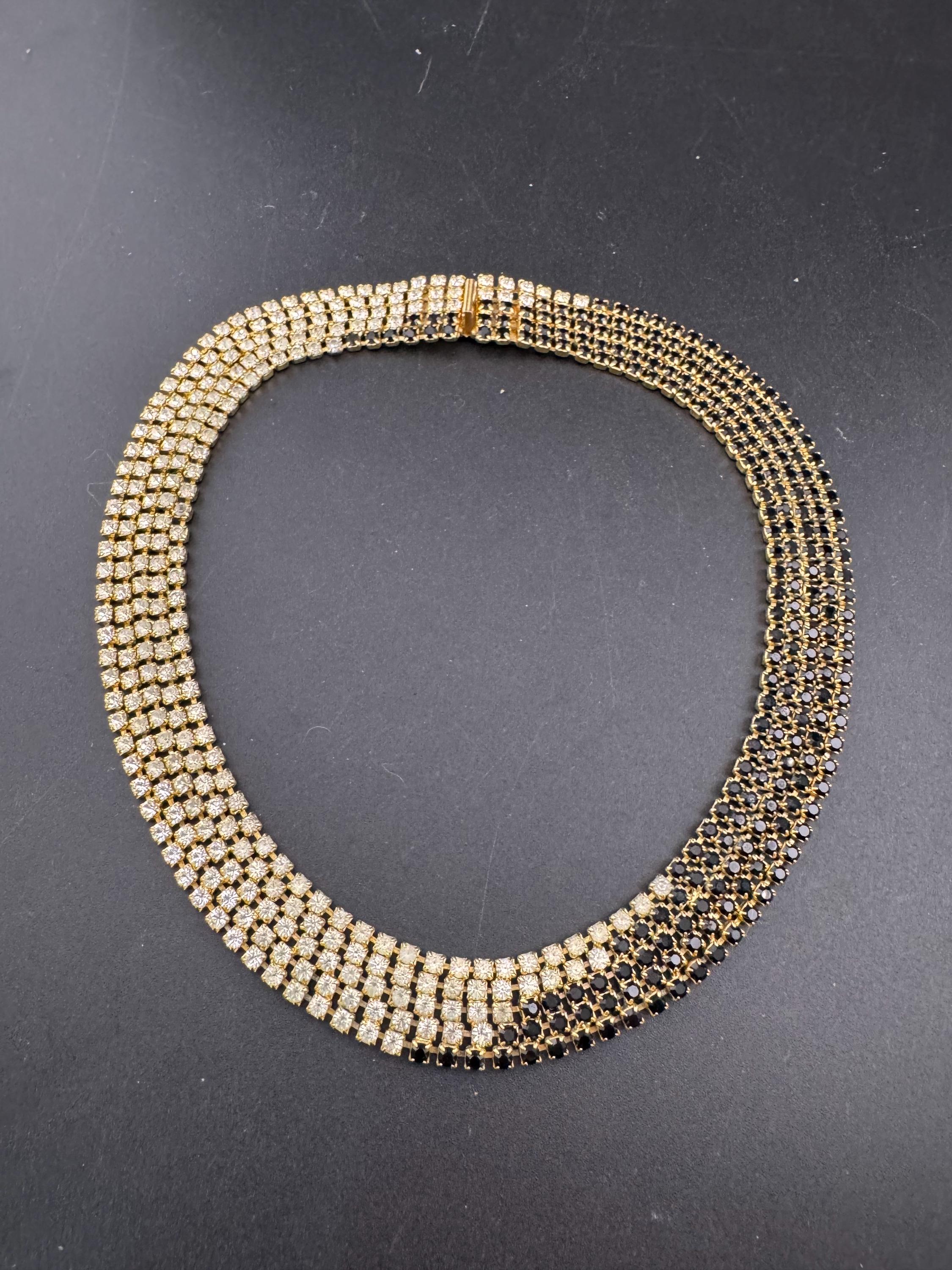 Vintage gold tone mesh black and clear rhinestone diamanté wide choker collar necklace