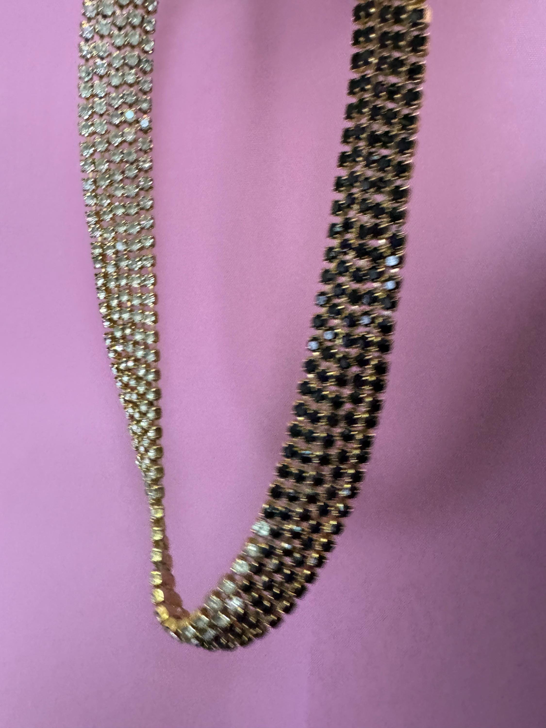 Vintage gold tone mesh black and clear rhinestone diamanté wide choker collar necklace