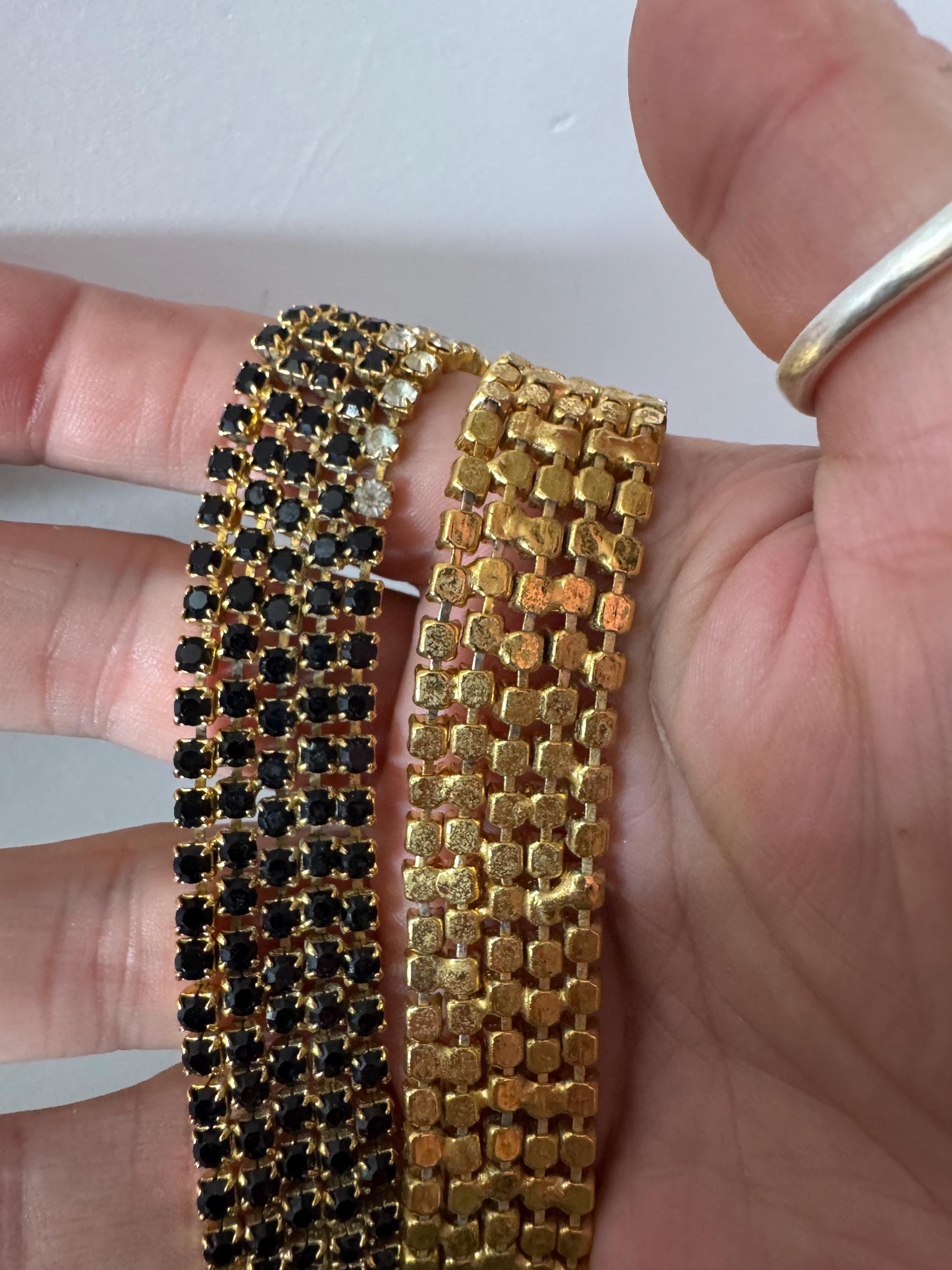 Vintage gold tone mesh black and clear rhinestone diamanté wide choker collar necklace
