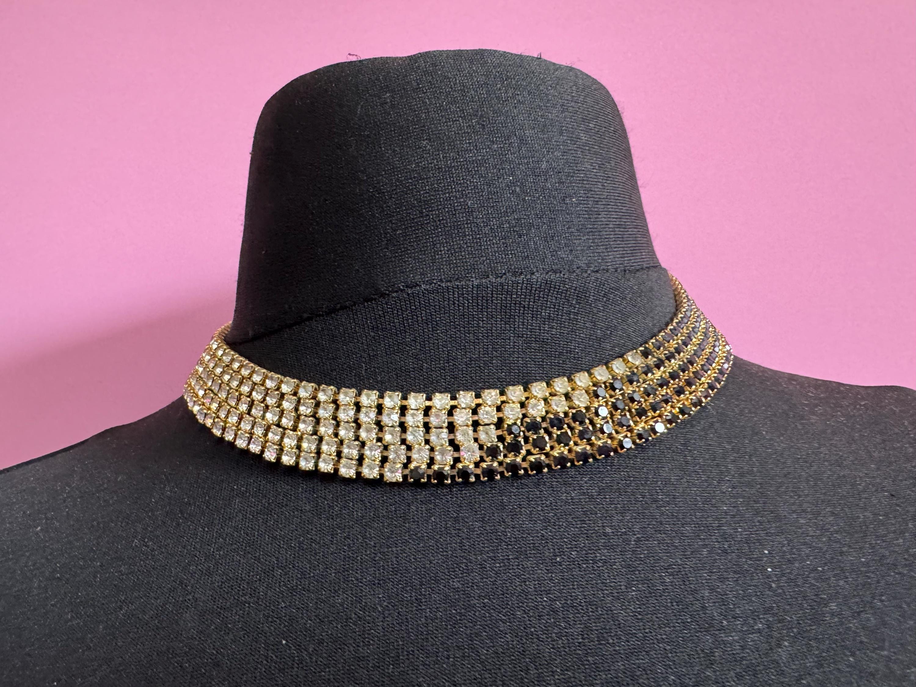 Vintage gold tone mesh black and clear rhinestone diamanté wide choker collar necklace