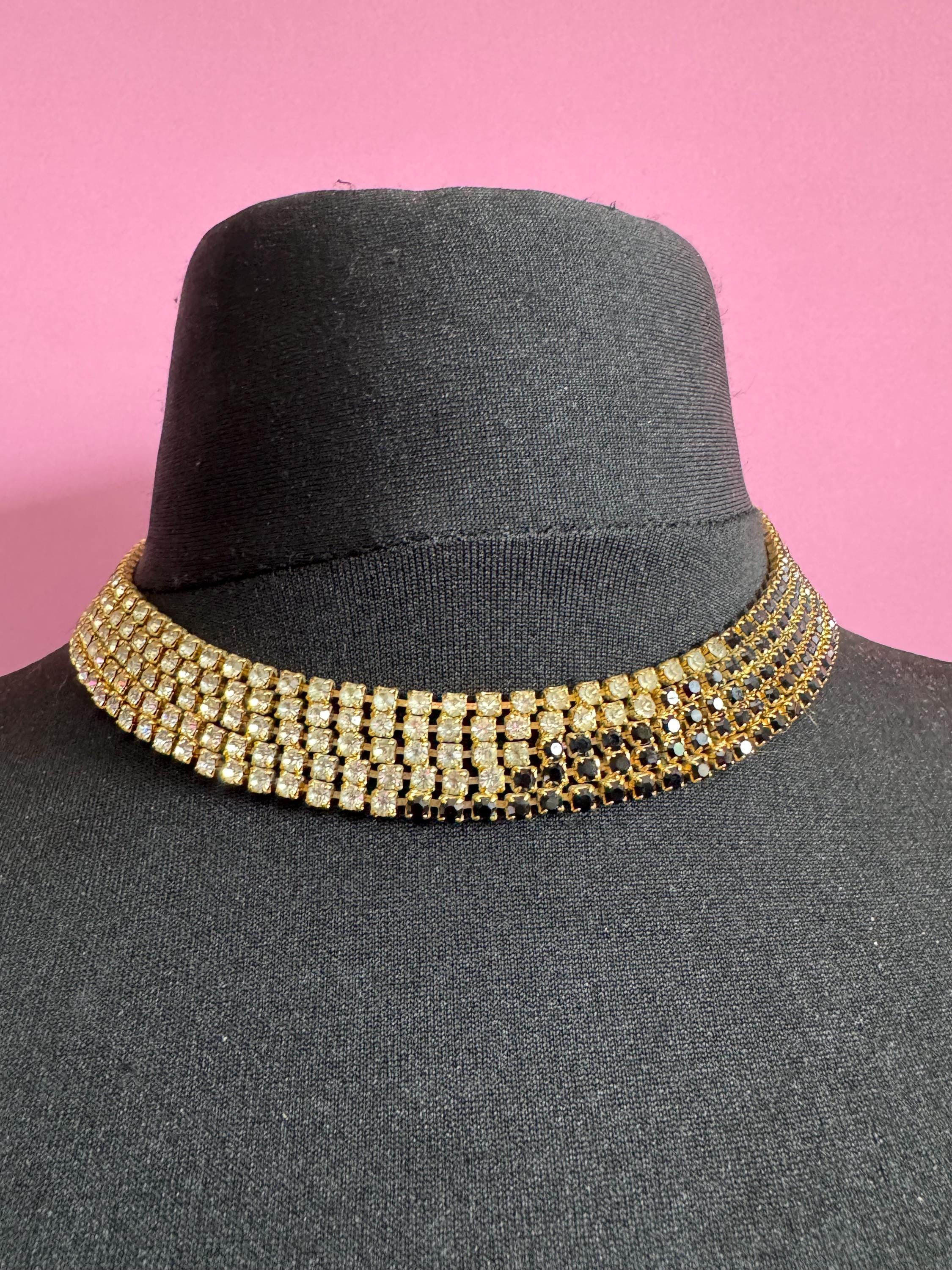 Vintage gold tone mesh black and clear rhinestone diamanté wide choker collar necklace
