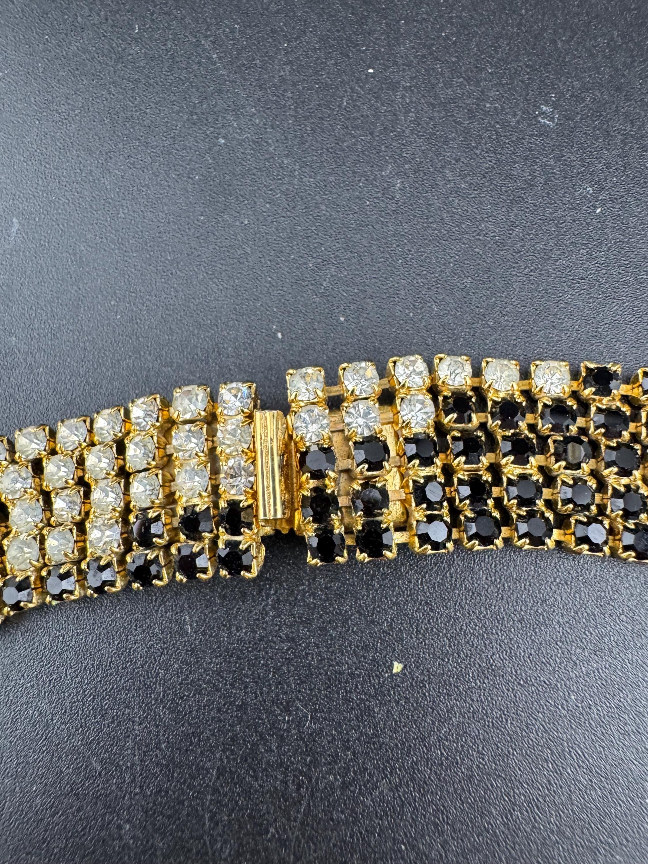 Vintage gold tone mesh black and clear rhinestone diamanté wide choker collar necklace