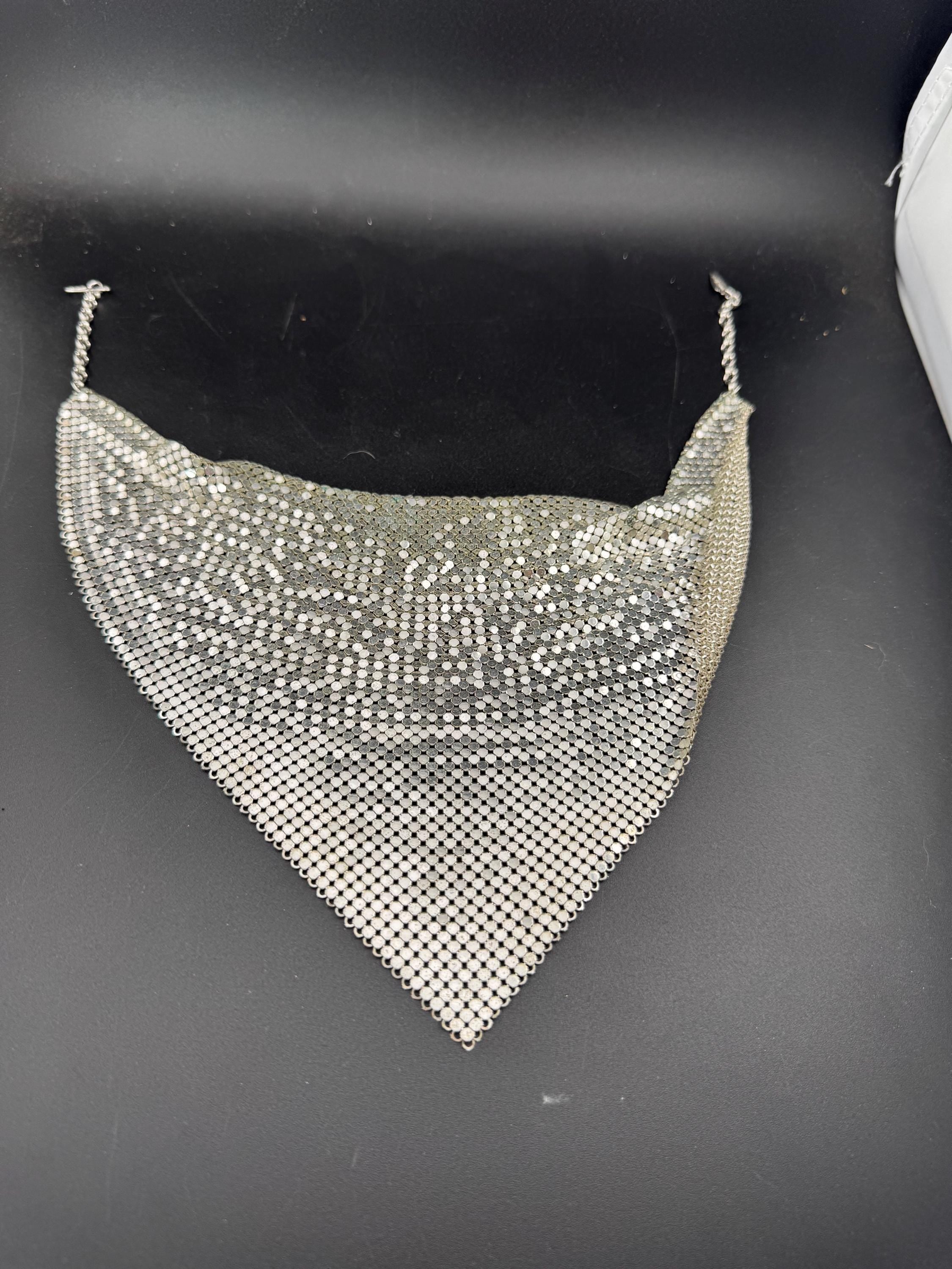 Signed whiting and Davis vintage silver plated mesh choker bib necklace