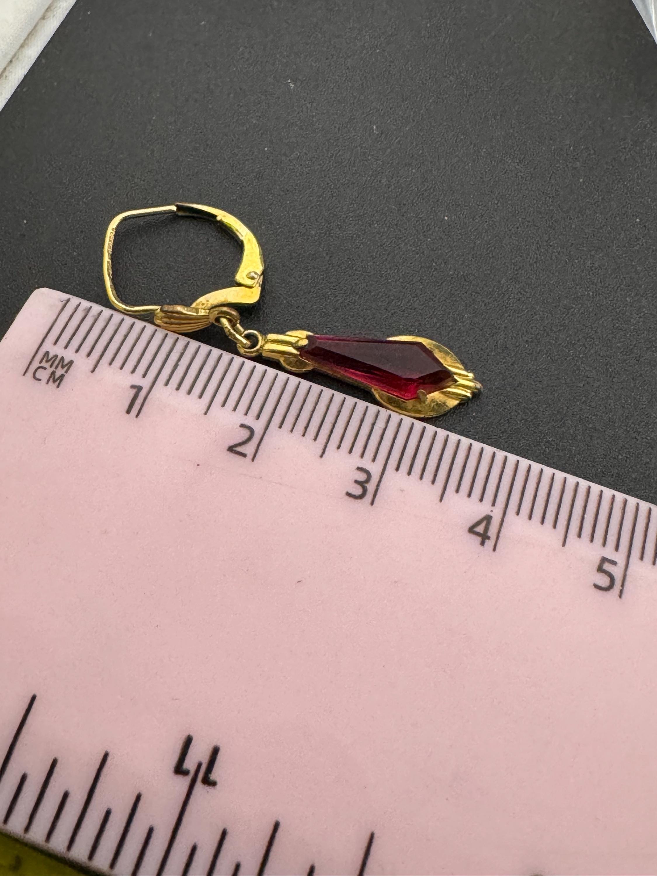 Vintage RG retro rolled gold small drop dropper earrings for pierced ears ruby red pink stones