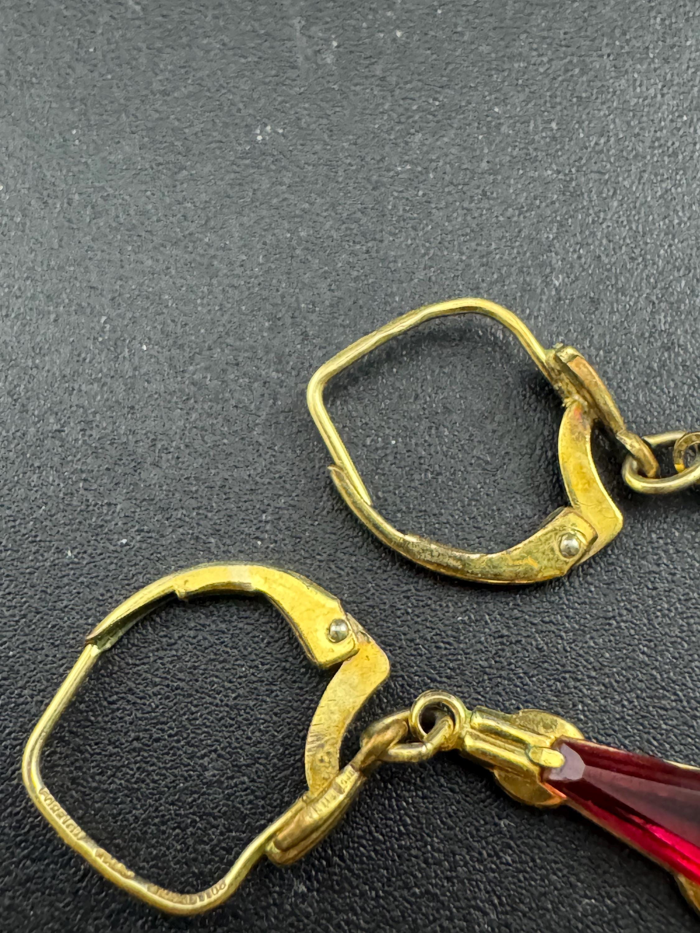 Vintage RG retro rolled gold small drop dropper earrings for pierced ears ruby red pink stones