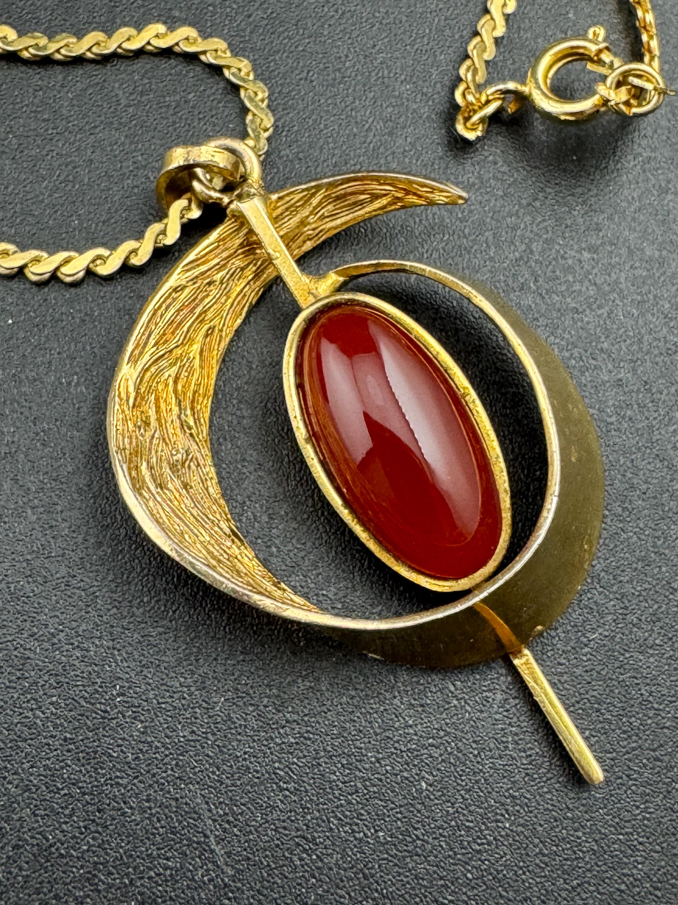 Modernist mid century gold plated carnelian gemstone pendant necklace on a 48cm serpentine  chain
