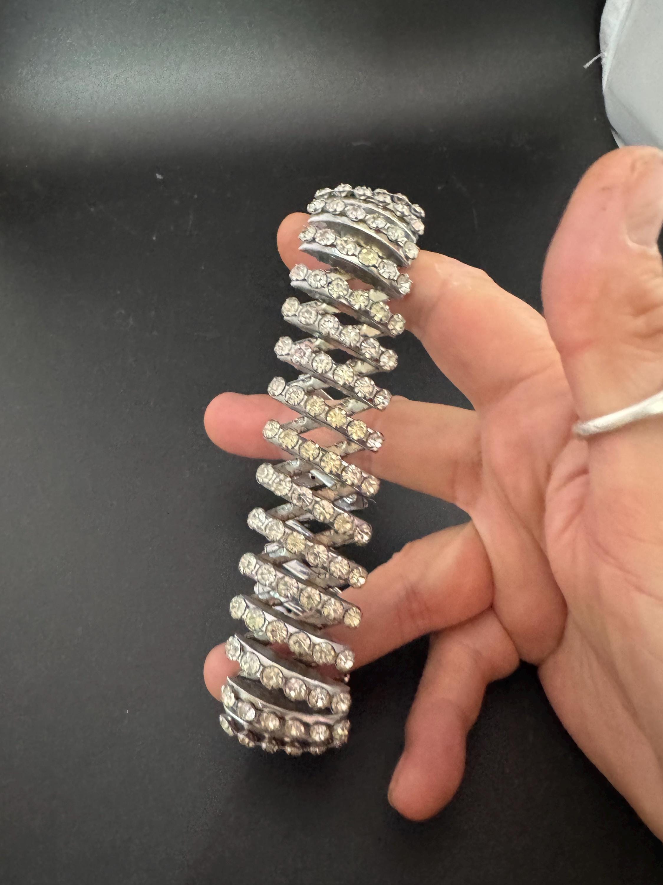 Vintage clear Diamanté expanding silver tone 3cm wide rhinestone set cocktail Bracelet stretch