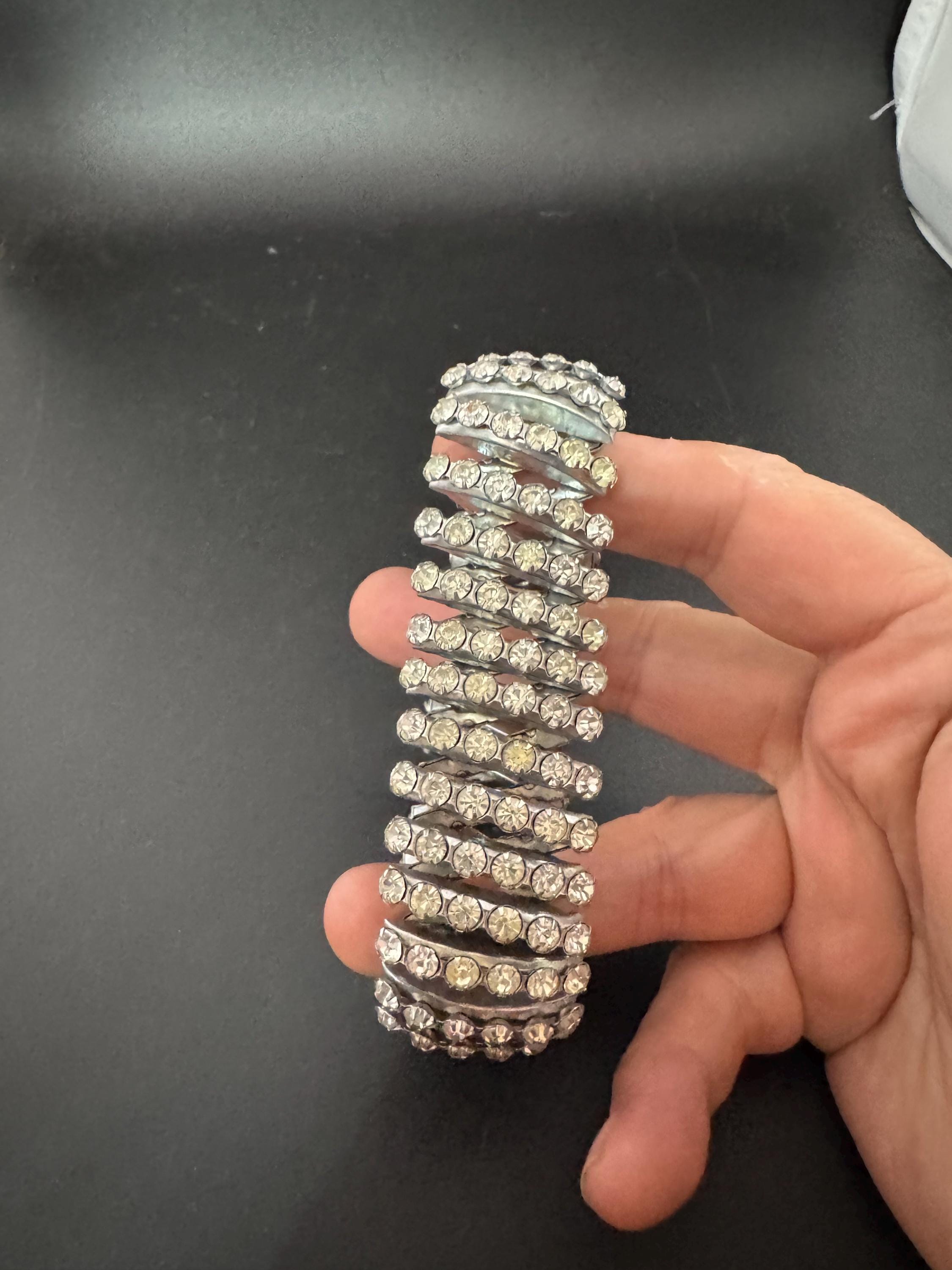 Vintage clear Diamanté expanding silver tone 3cm wide rhinestone set cocktail Bracelet stretch