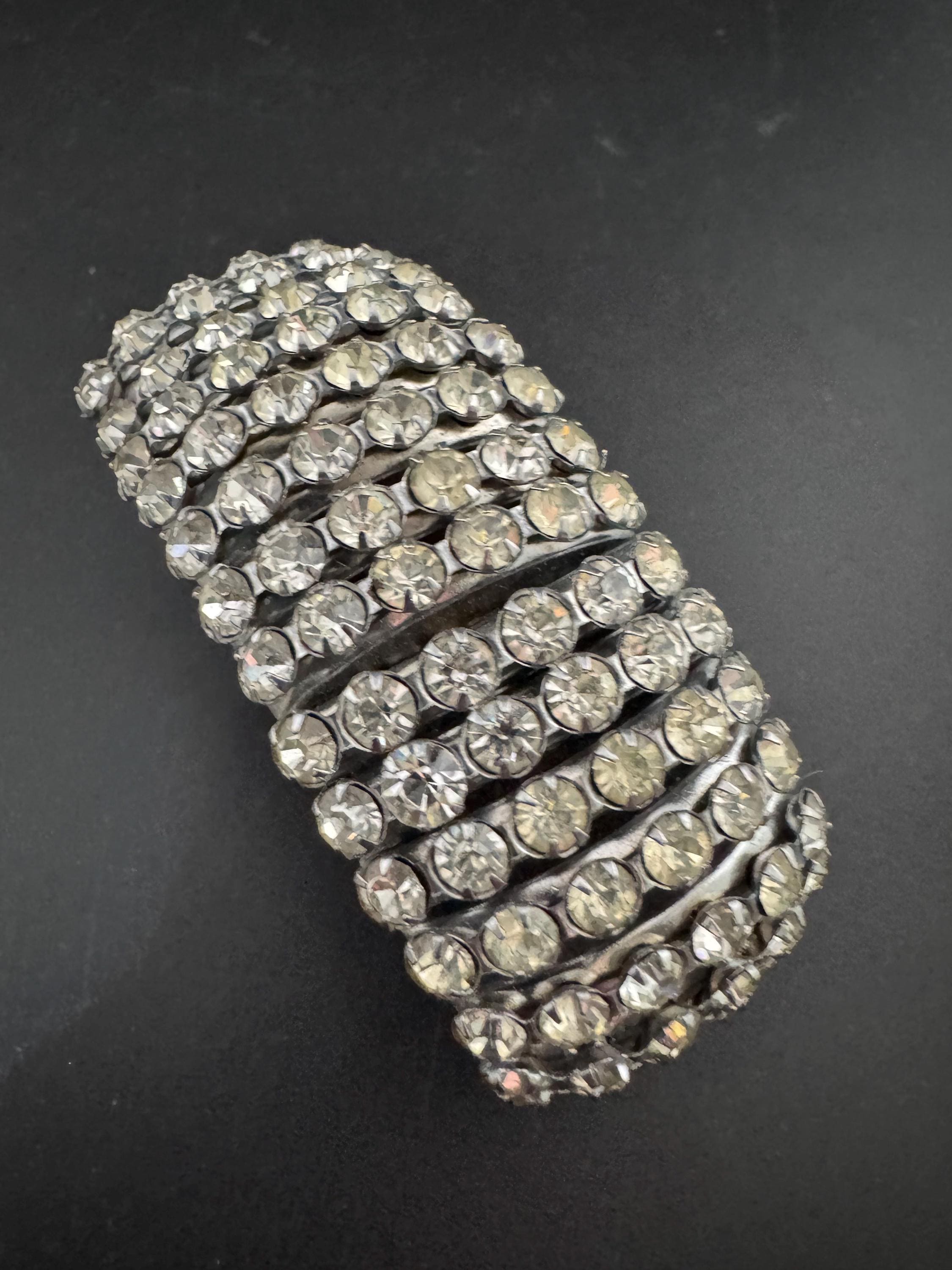 Vintage clear Diamanté expanding silver tone 3cm wide rhinestone set cocktail Bracelet stretch