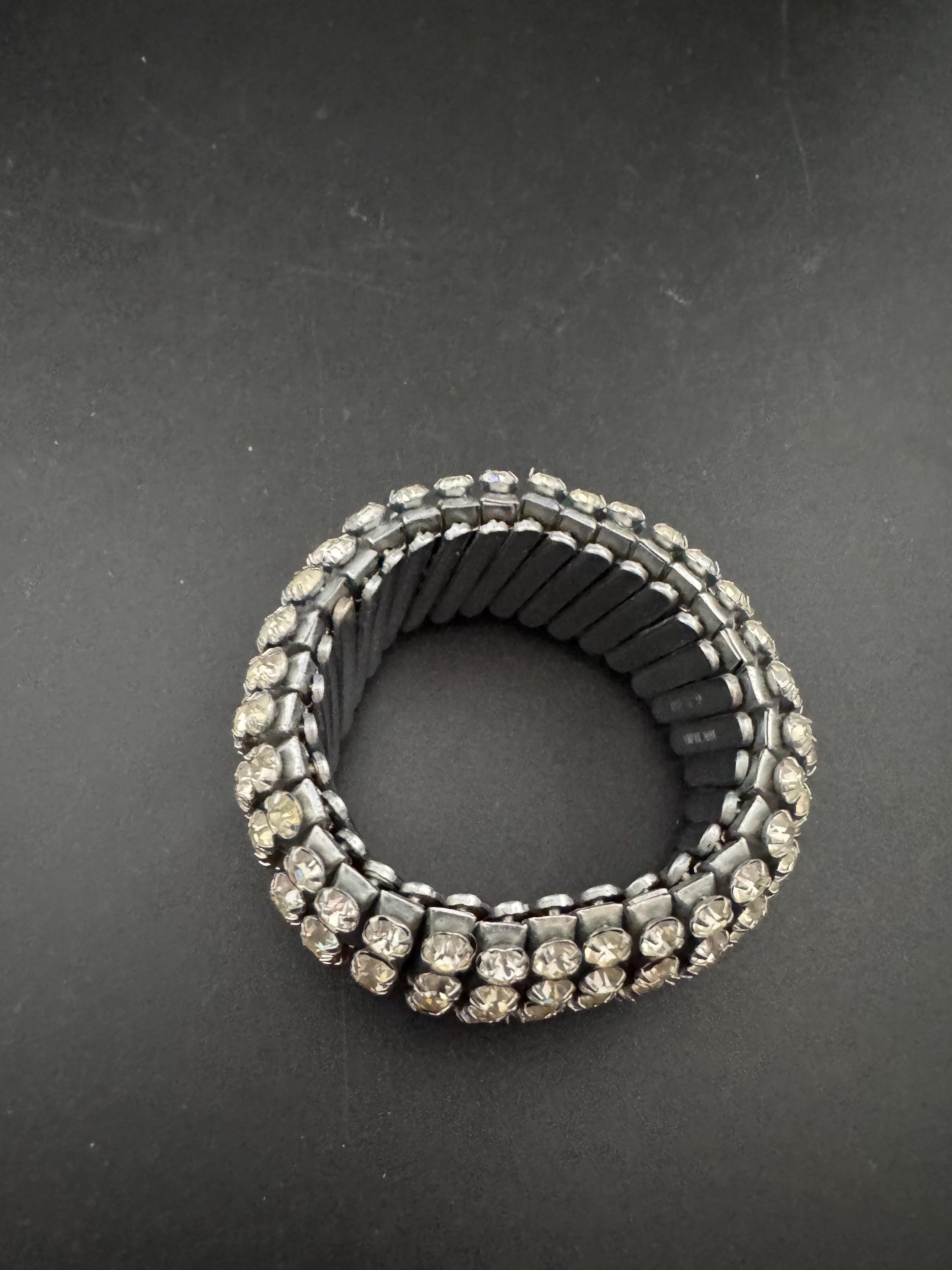Vintage clear Diamanté expanding silver tone 3cm wide rhinestone set cocktail Bracelet stretch