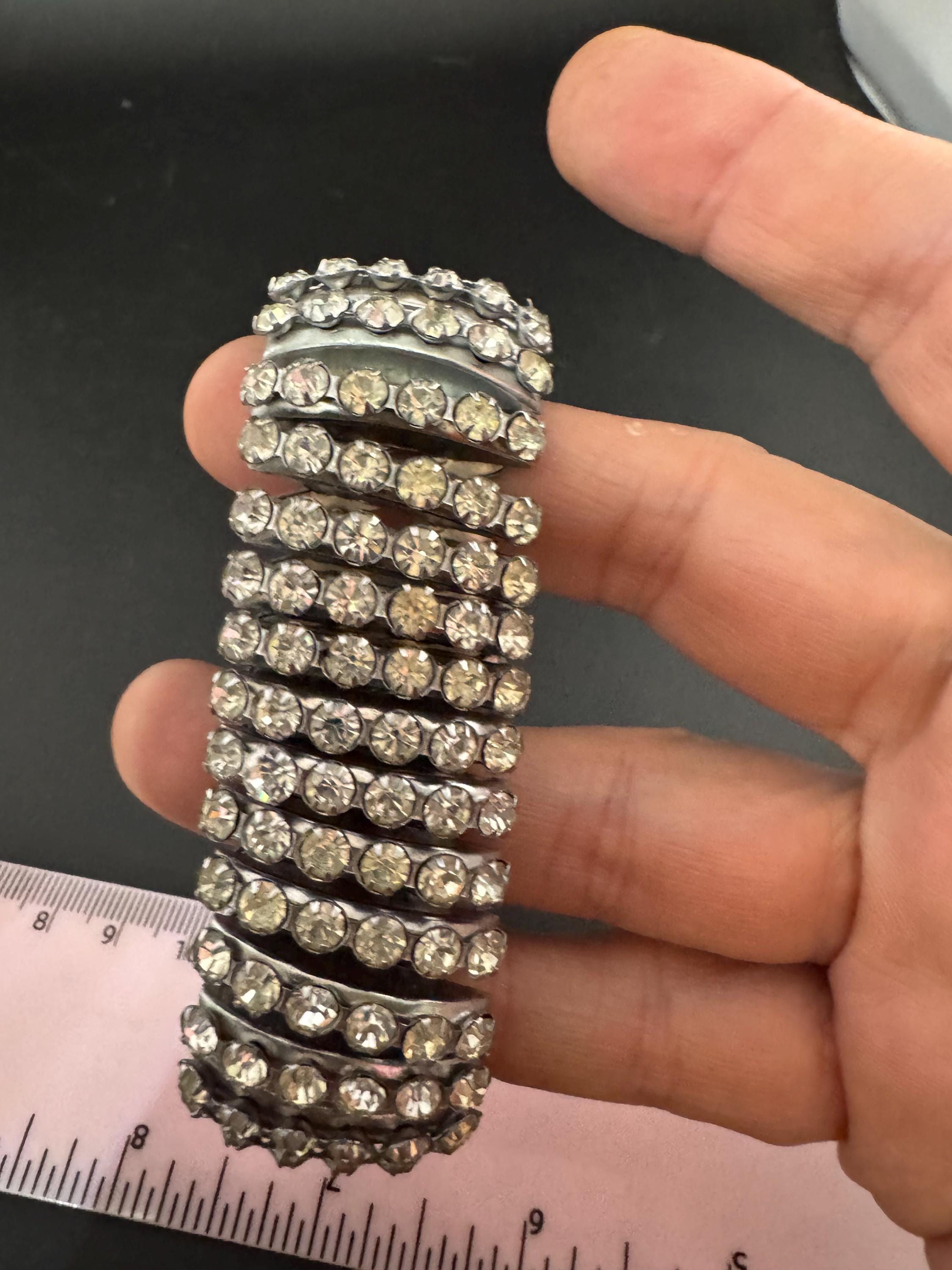 Vintage clear Diamanté expanding silver tone 3cm wide rhinestone set cocktail Bracelet stretch