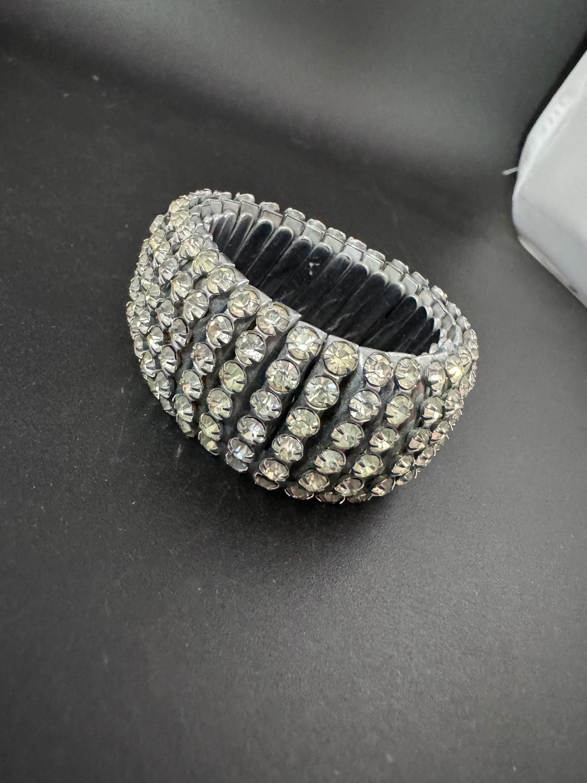 Vintage clear Diamanté expanding silver tone 3cm wide rhinestone set cocktail Bracelet stretch