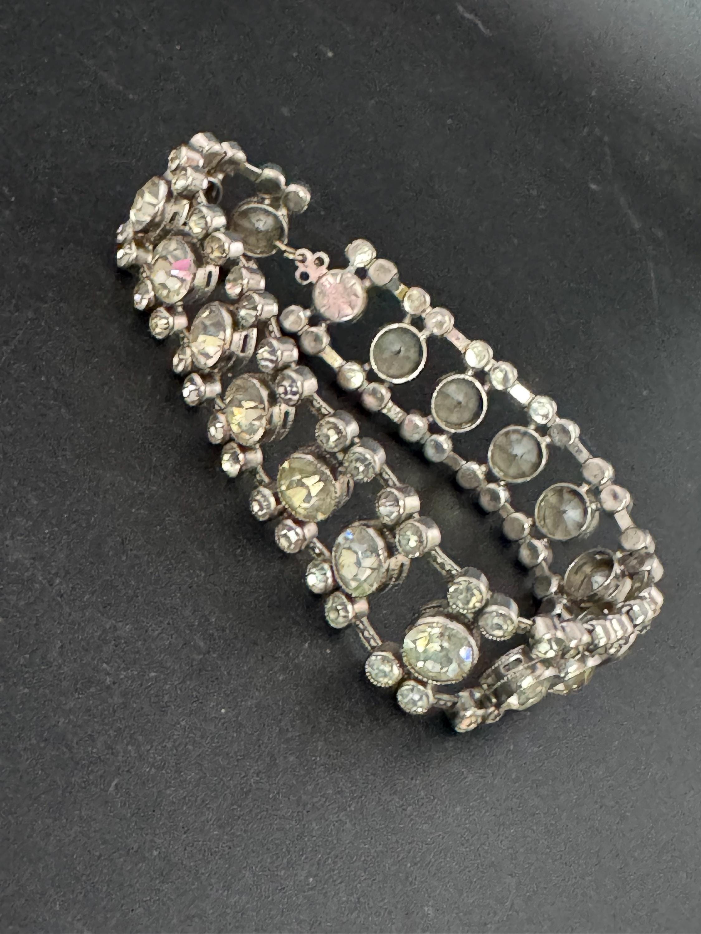 Vintage 15mm wide clear bezel set Diamanté silver tone rhinestone cocktail Bracelet 19cm