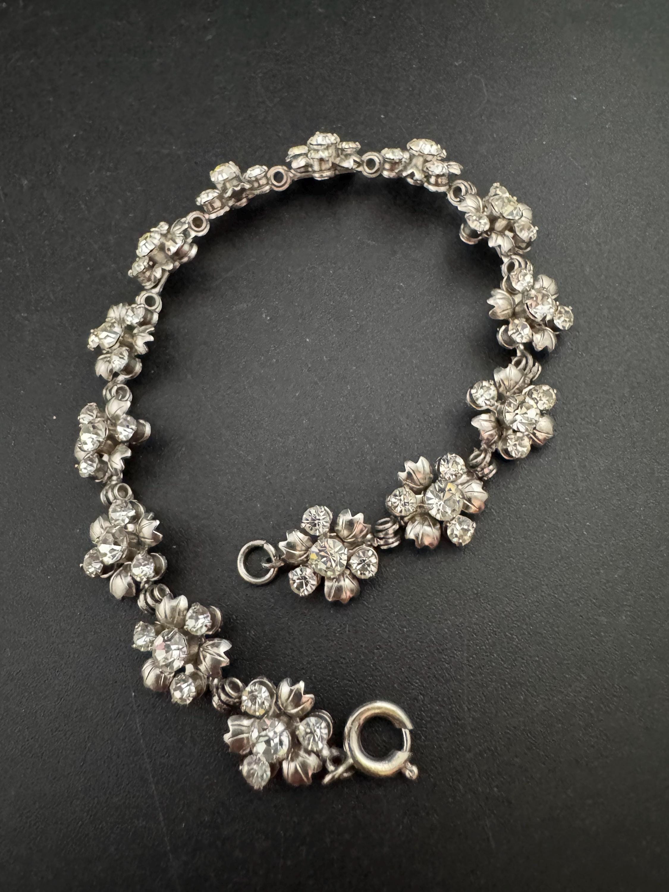 Vintage dainty clear diamanté Crystal fliral chrome panel link silver tone tennis bracelet