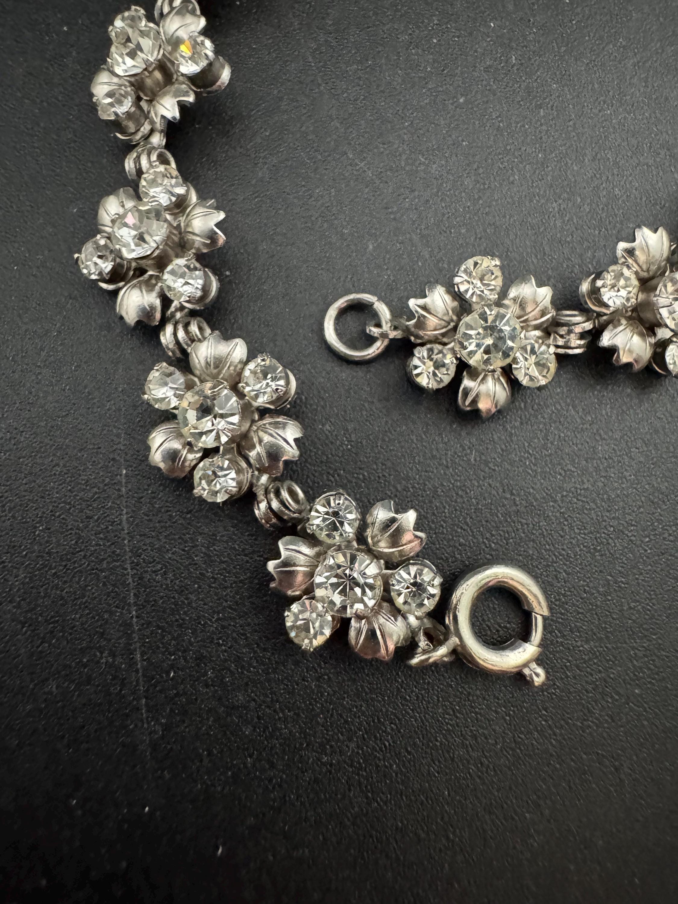 Vintage dainty clear diamanté Crystal fliral chrome panel link silver tone tennis bracelet