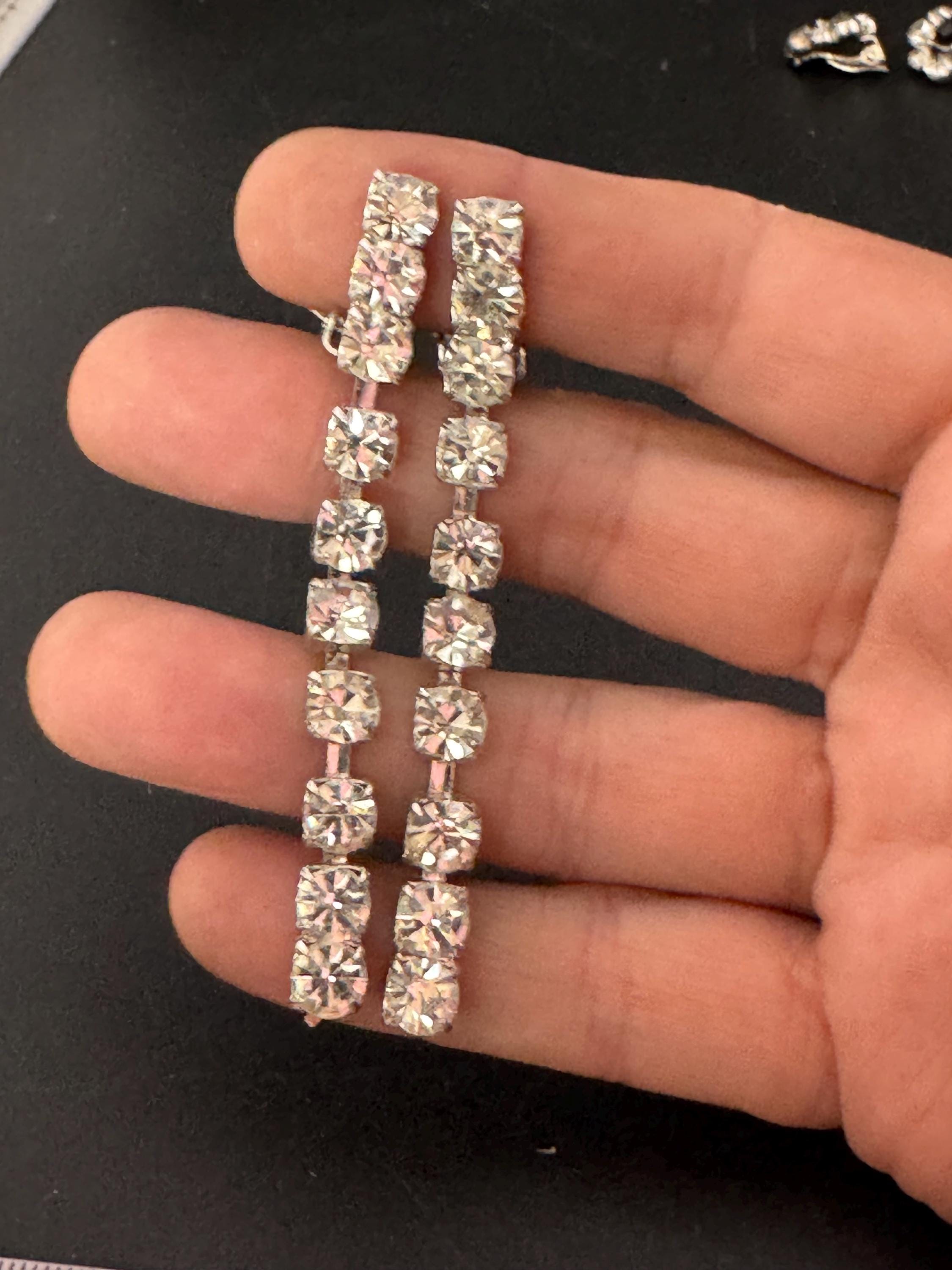 Vintage Clear Diamanté long 7cm Drop Paste rhinestone Clip On Earrings