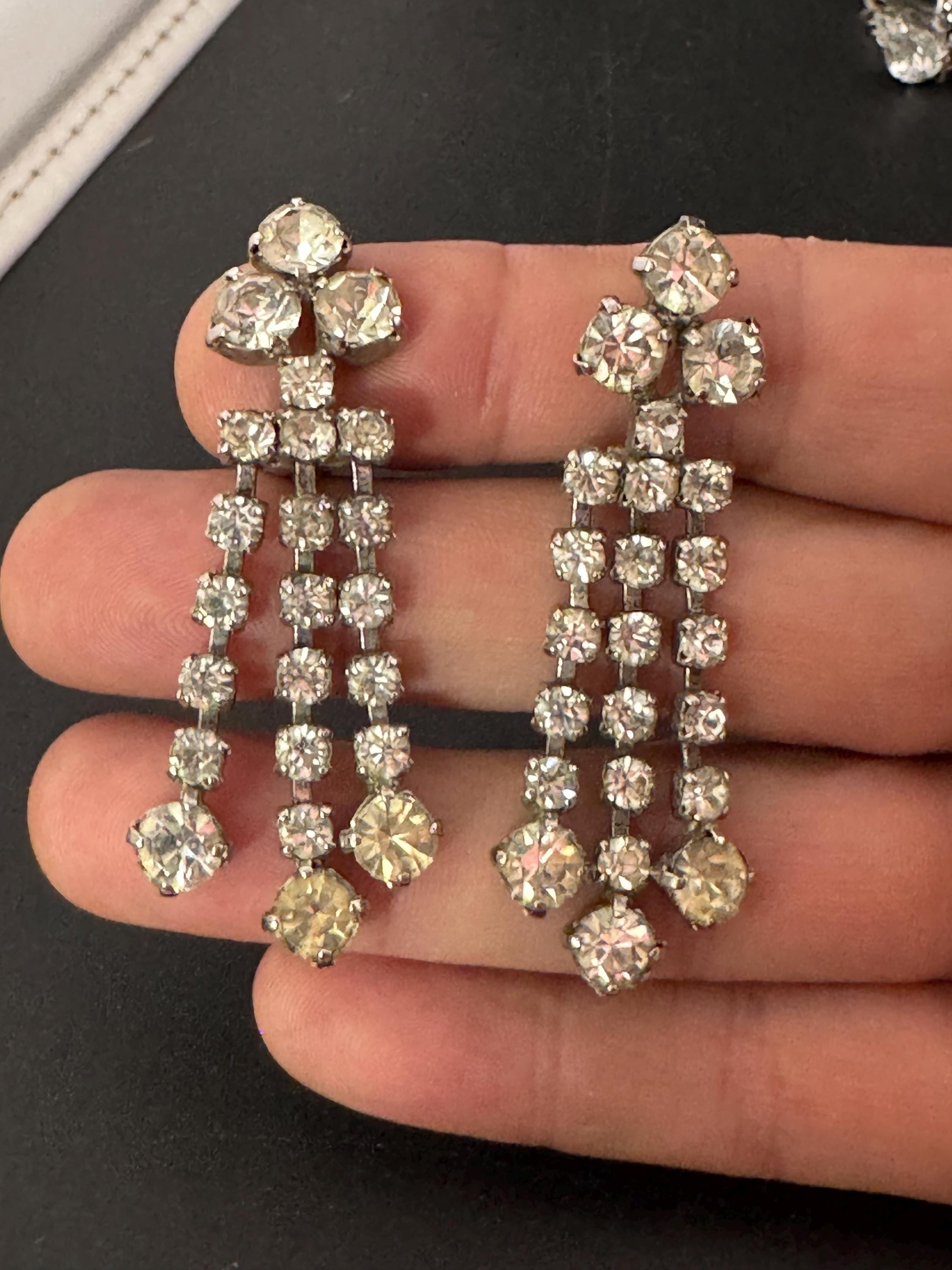 Vintage Clear Diamanté long 5.5cm Drop Paste rhinestone Clip On Earrings