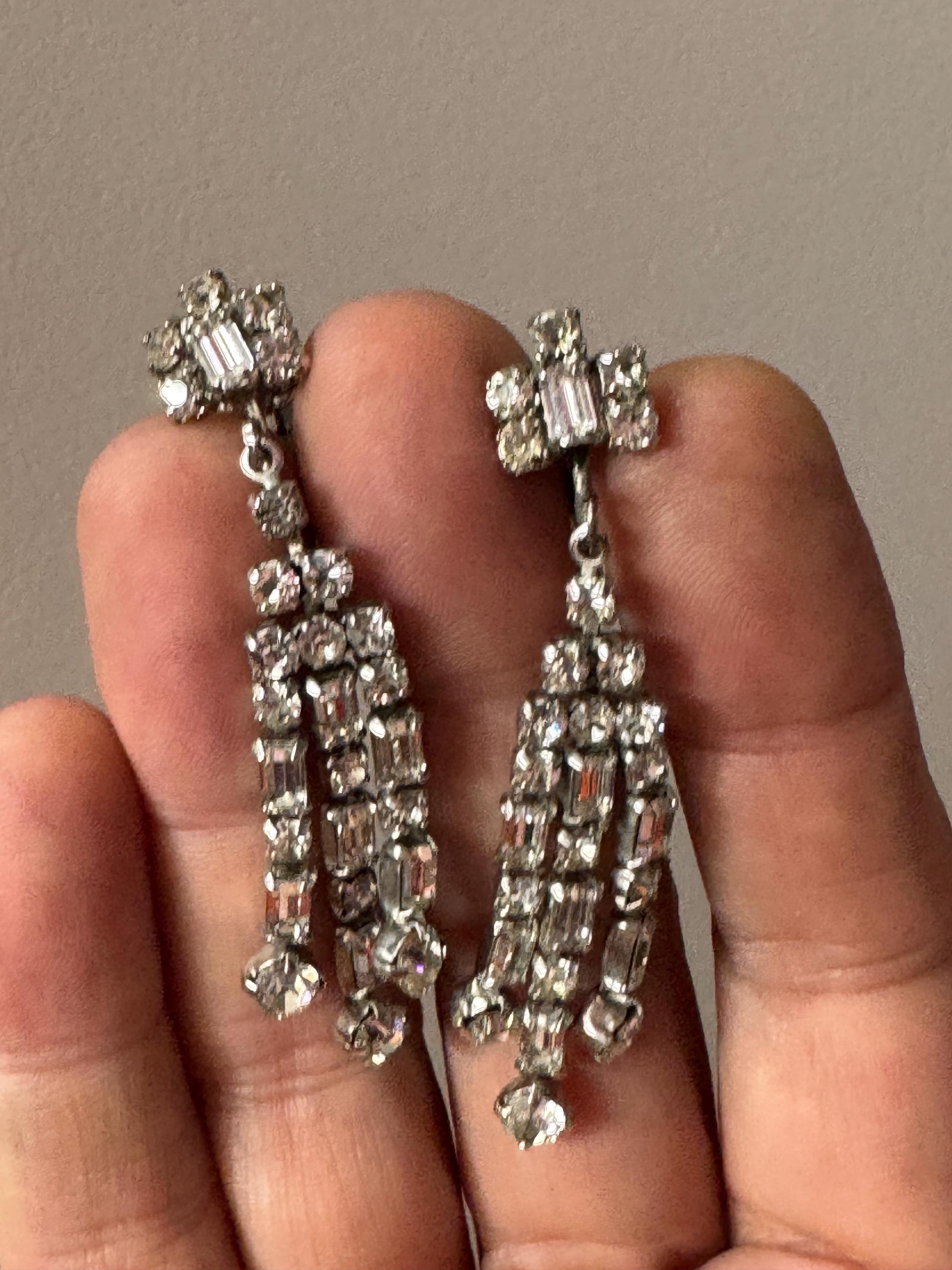 Vintage Clear Diamanté long 6cm Drop Paste rhinestone Clip On Earrings baguette crystal