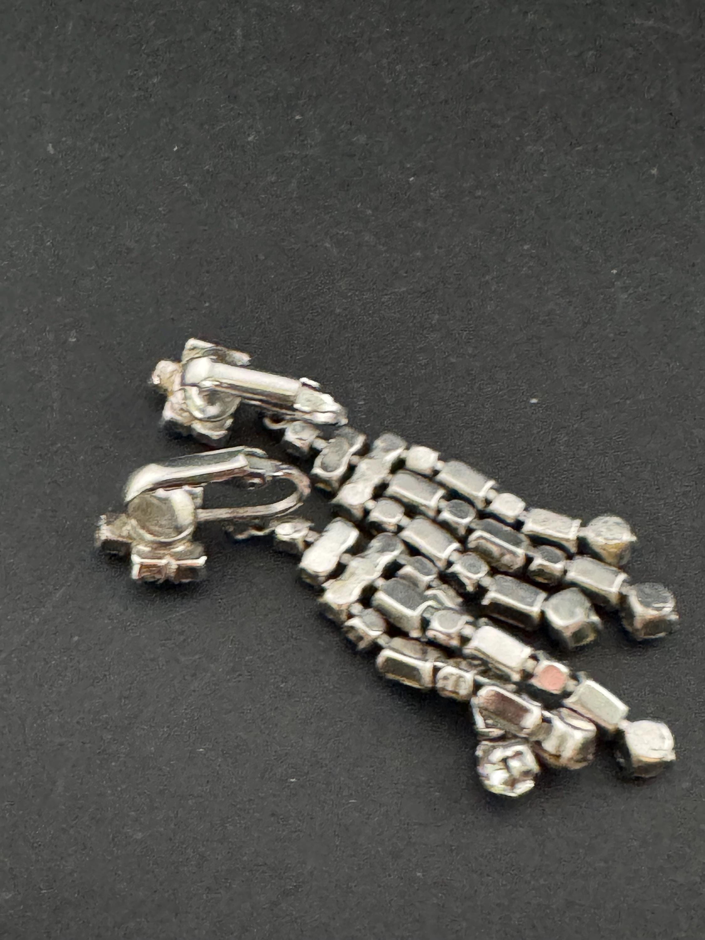 Vintage Clear Diamanté long 6cm Drop Paste rhinestone Clip On Earrings baguette crystal