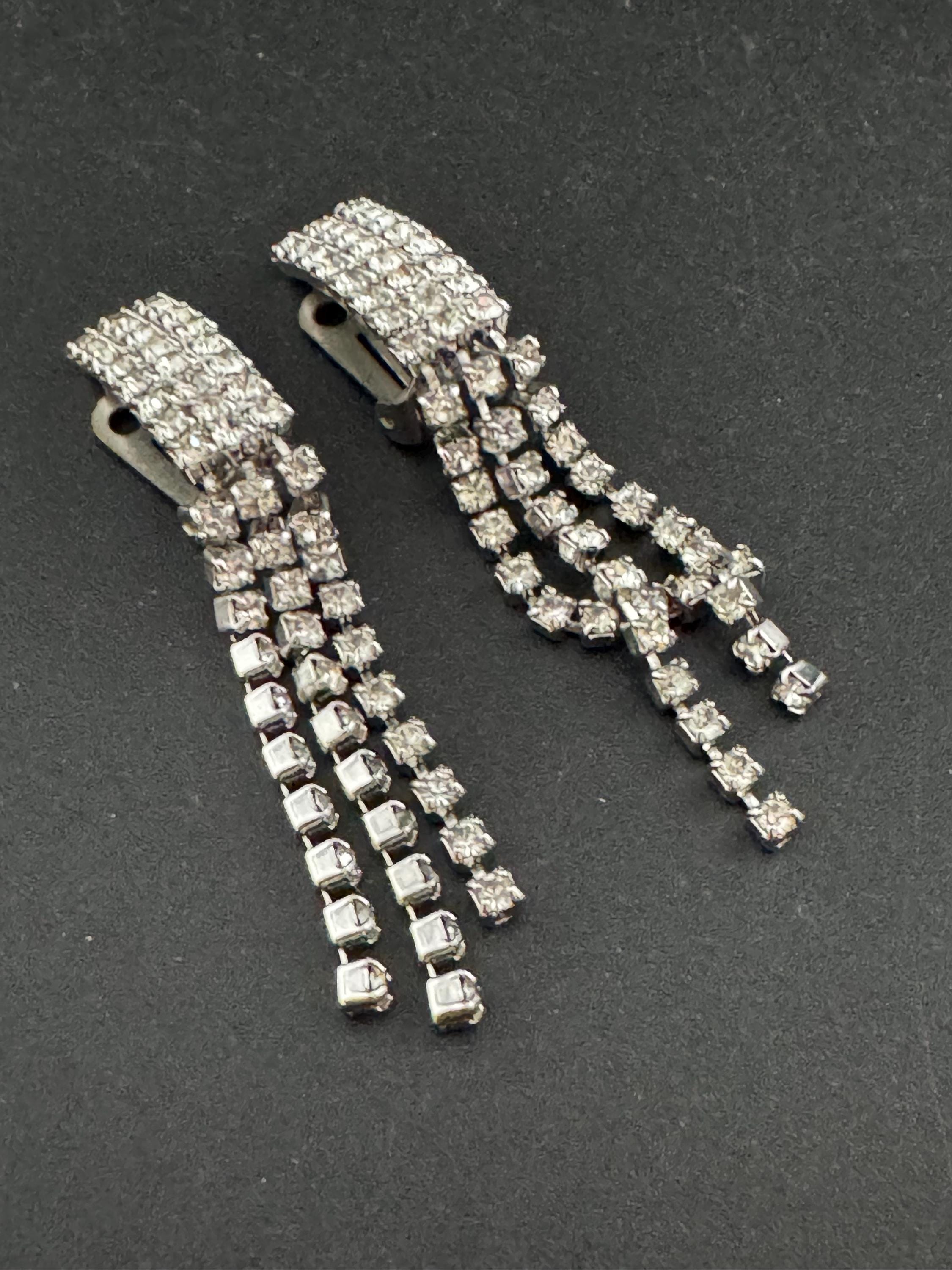 Vintage Clear Diamanté long 5.5cm Drop Paste rhinestone Clip On Earrings