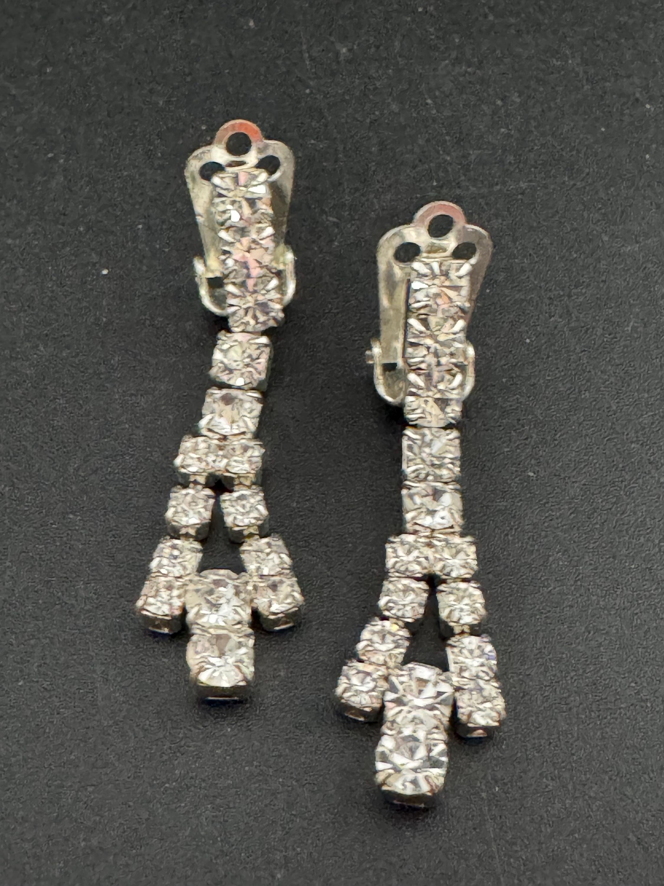 Vintage Clear Diamanté long 5cm Drop Paste rhinestone Clip On Earrings