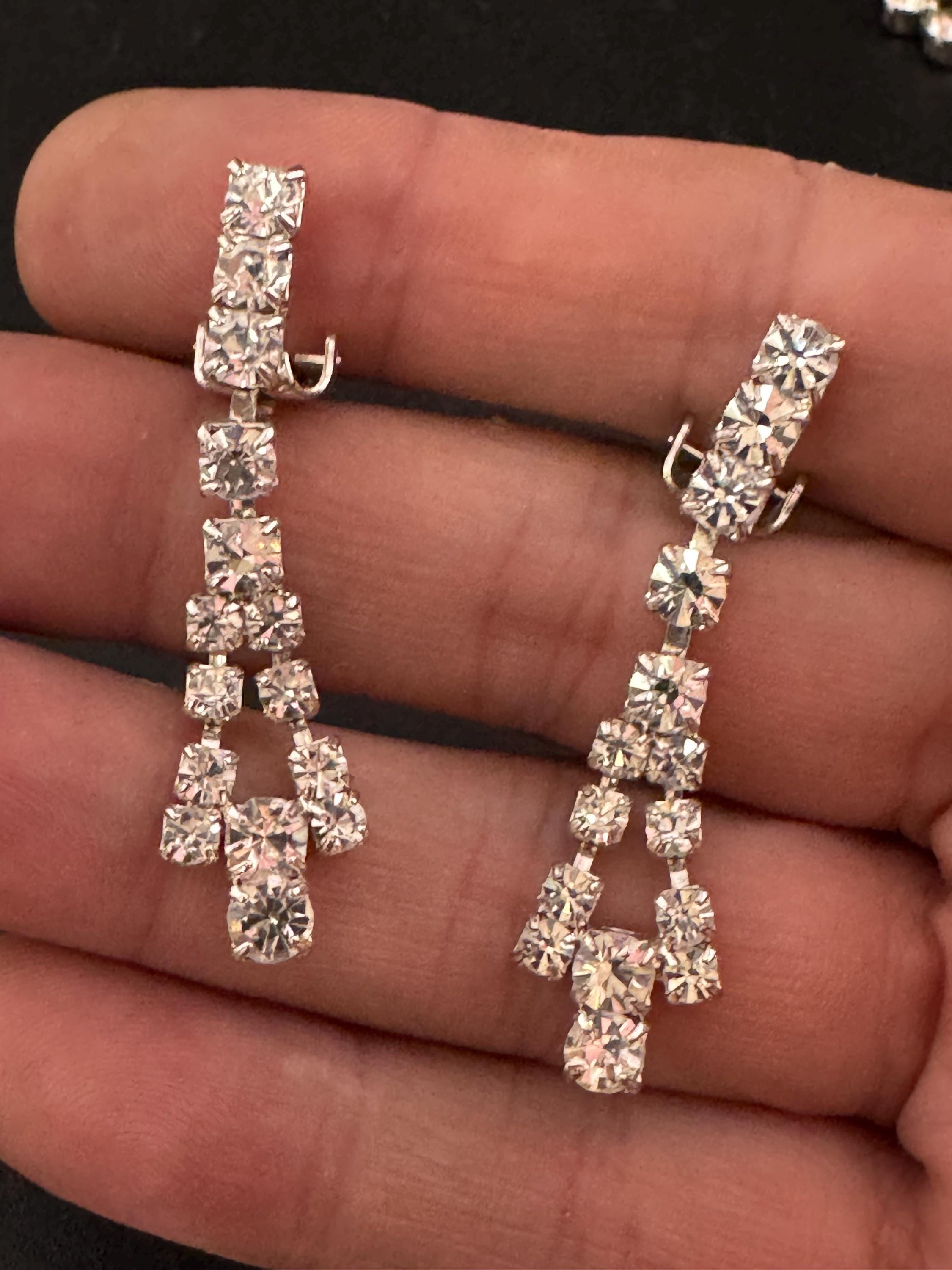 Vintage Clear Diamanté long 5cm Drop Paste rhinestone Clip On Earrings