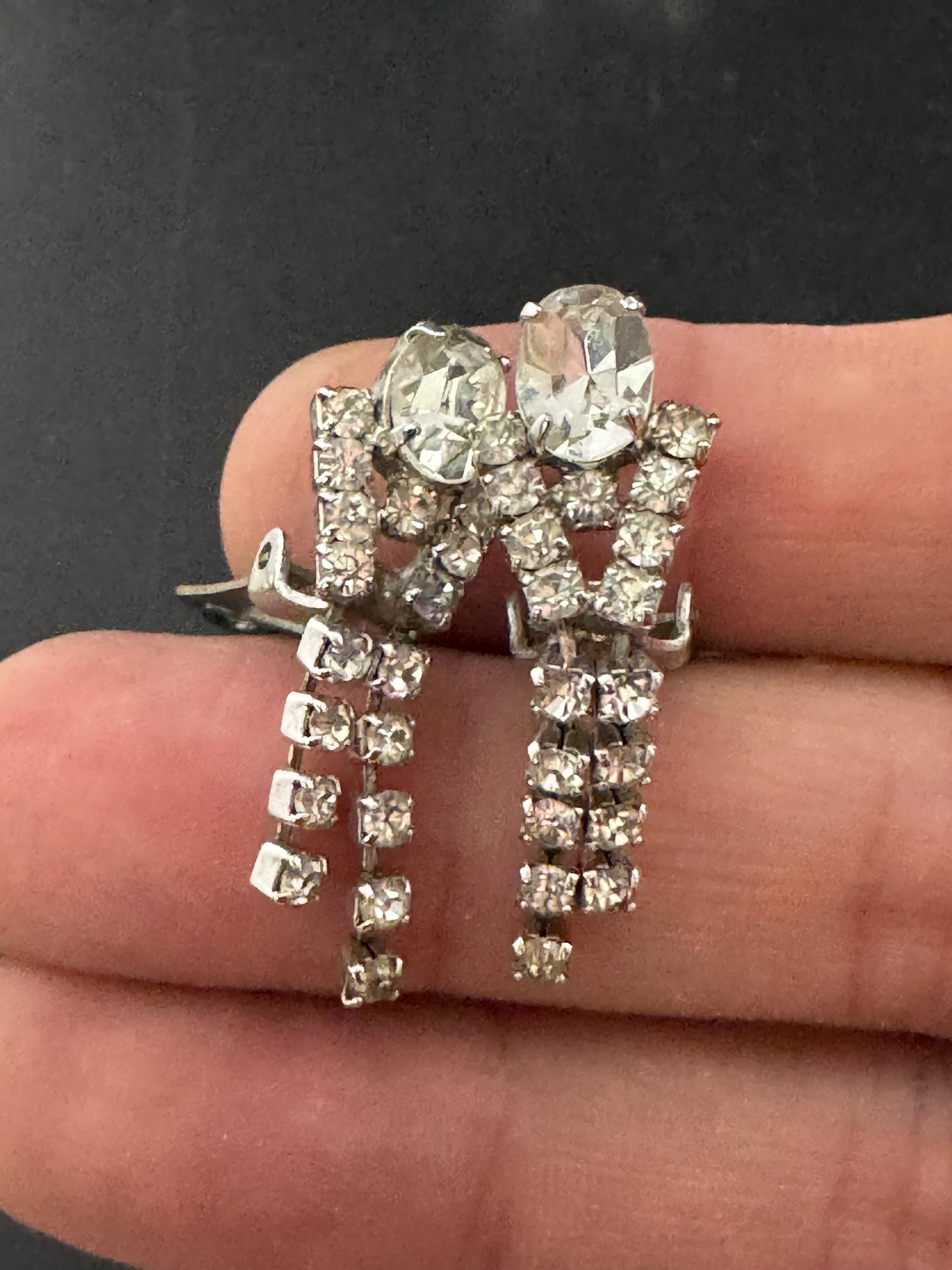 Vintage Clear Diamanté short 3.5cm Drop Paste rhinestone Clip On Earrings