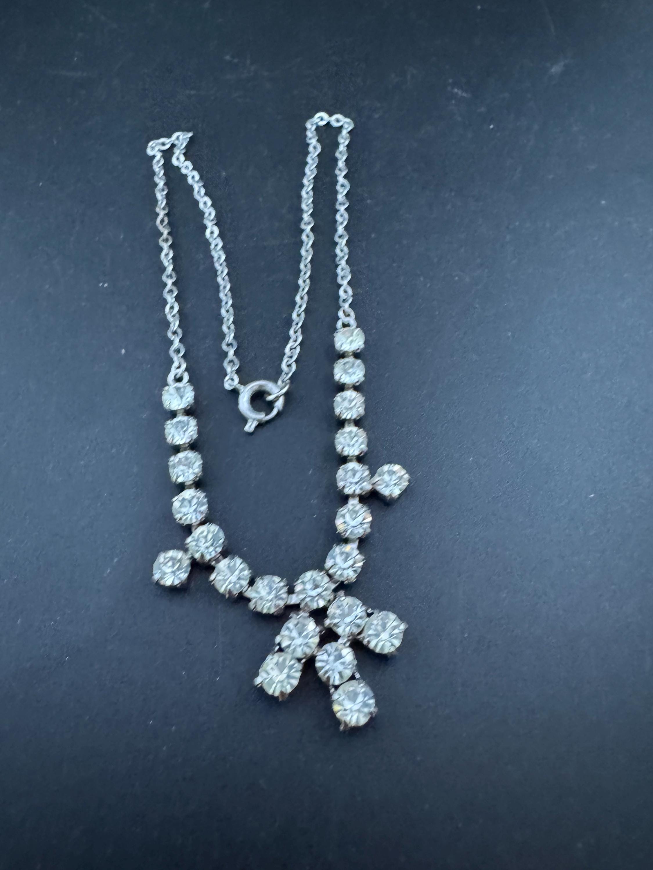 Dainty 39.5cm vintage clear diamanté rhinestone crystal silver tone choker necklace mid century