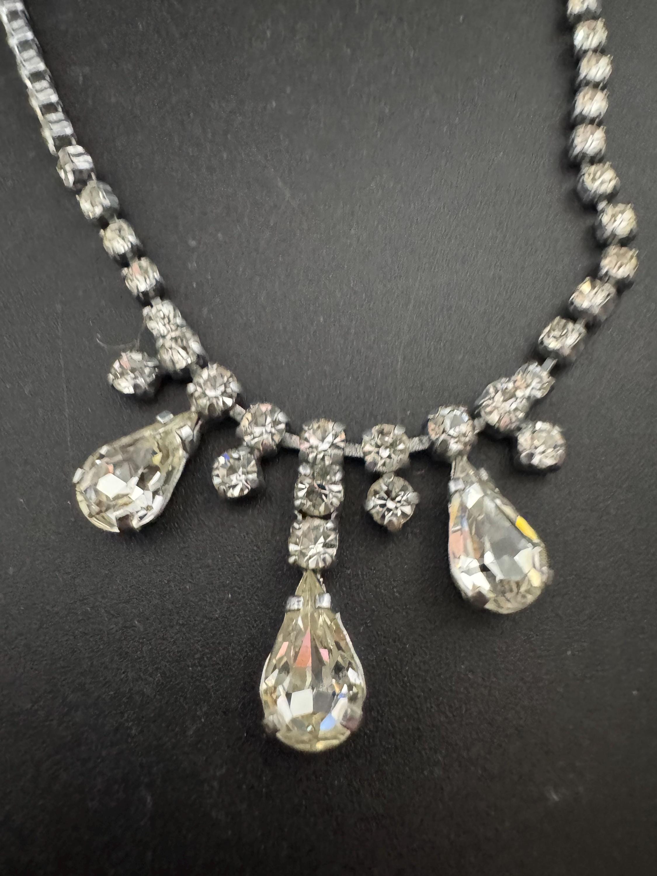 40cm vintage clear diamanté rhinestone crystal silver tone drop choker necklace mid century