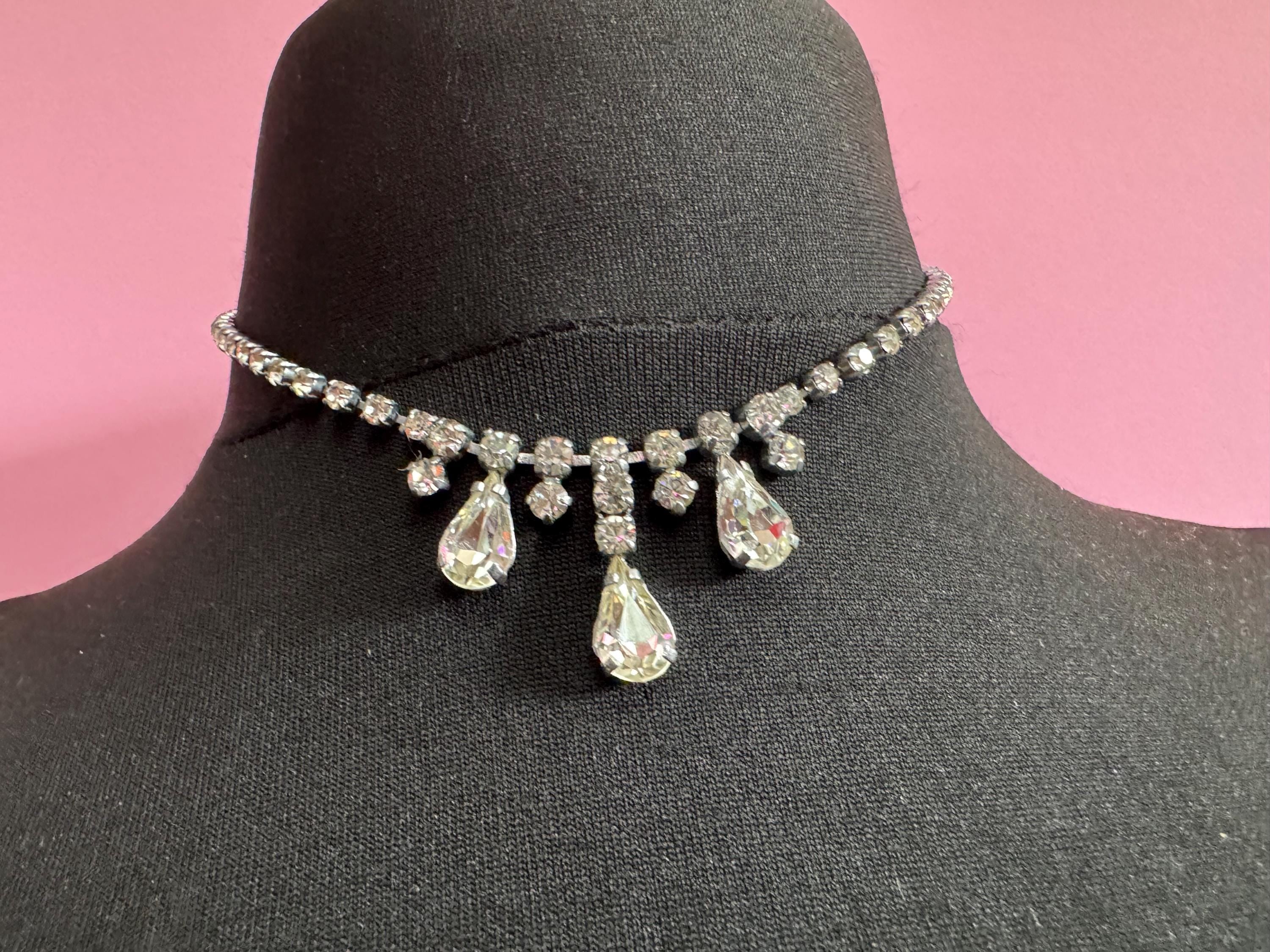 40cm vintage clear diamanté rhinestone crystal silver tone drop choker necklace mid century
