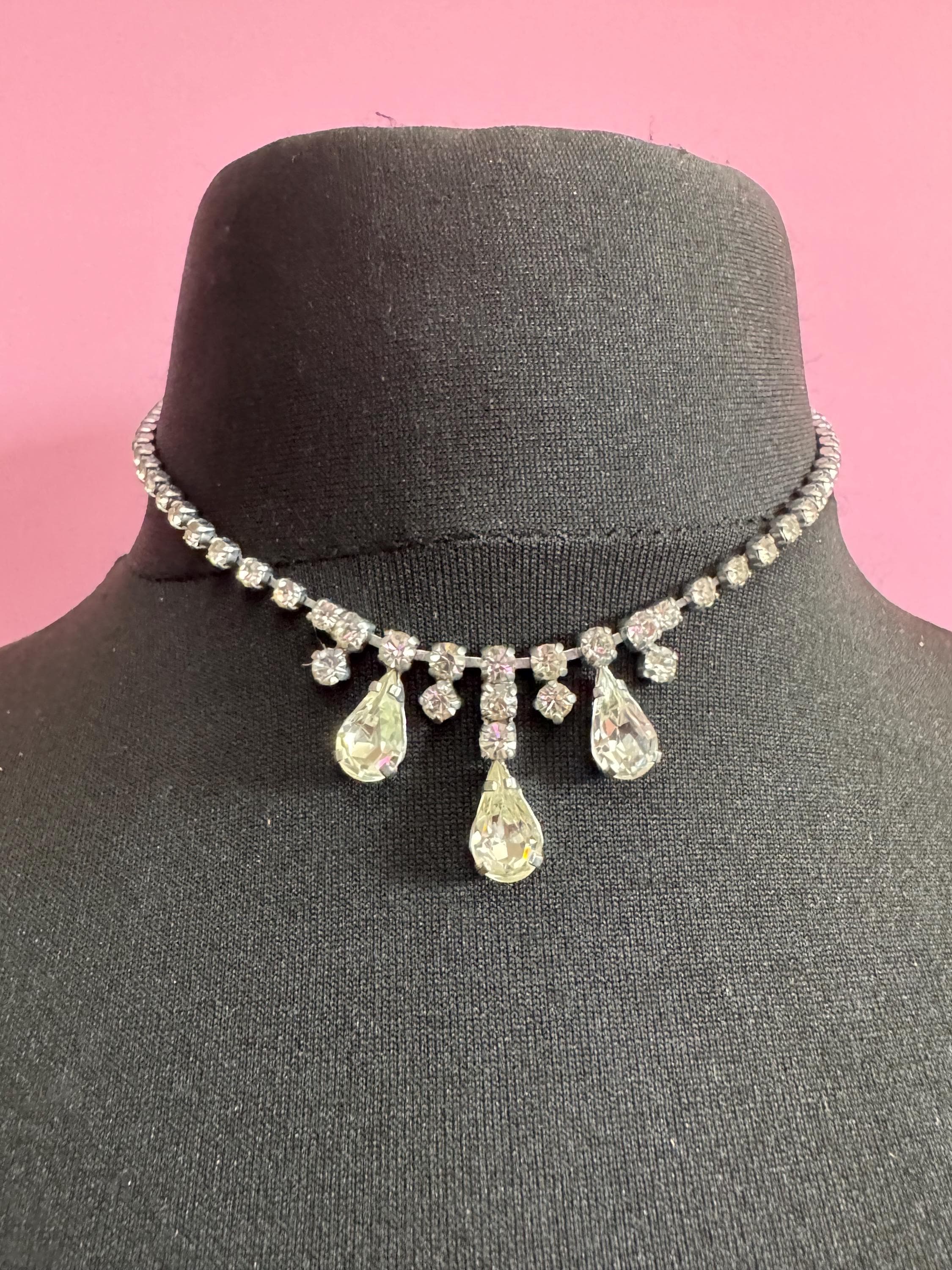 40cm vintage clear diamanté rhinestone crystal silver tone drop choker necklace mid century