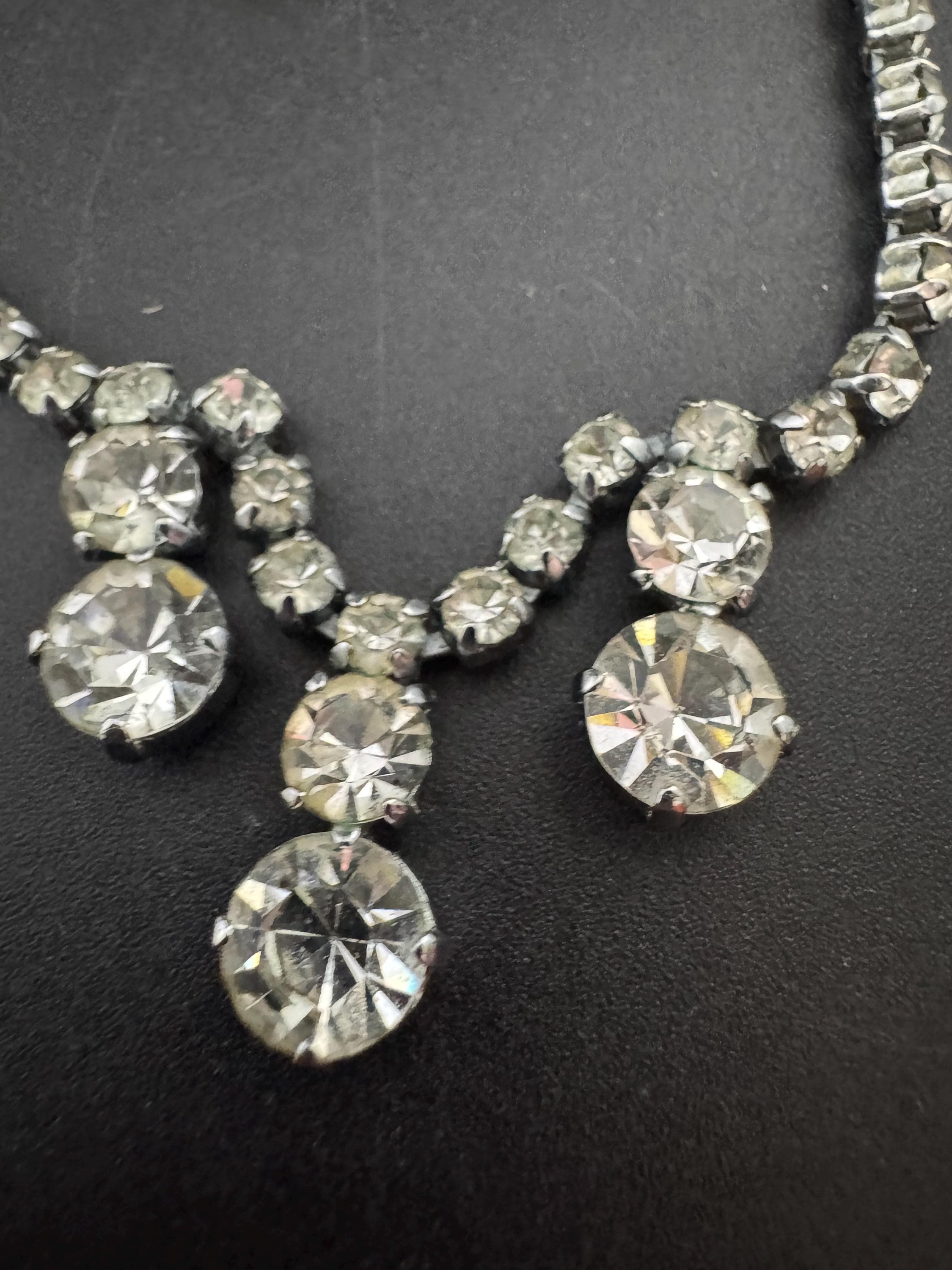 41cm vintage clear diamanté rhinestone crystal silver tone drop choker necklace mid century