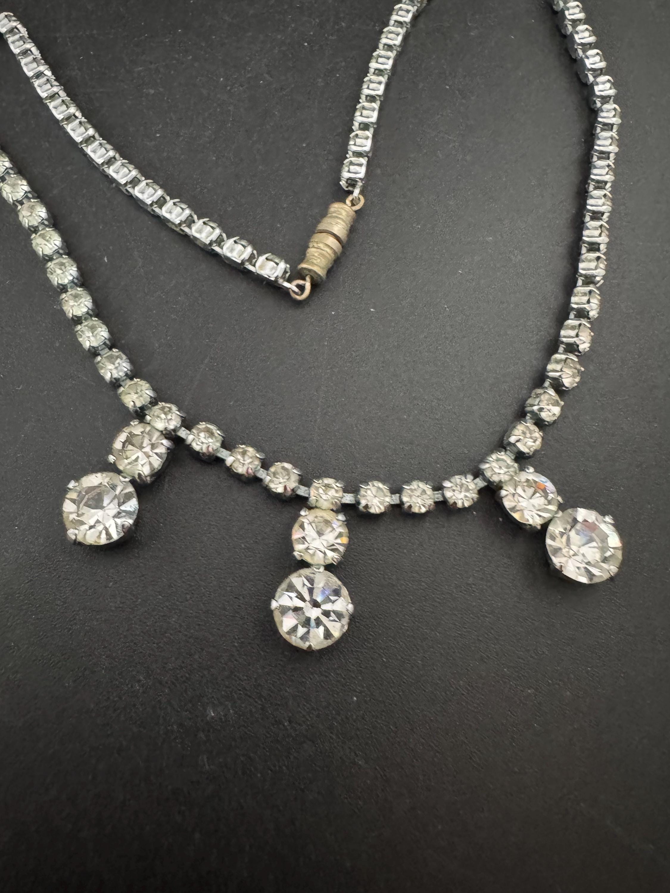 41cm vintage clear diamanté rhinestone crystal silver tone drop choker necklace mid century