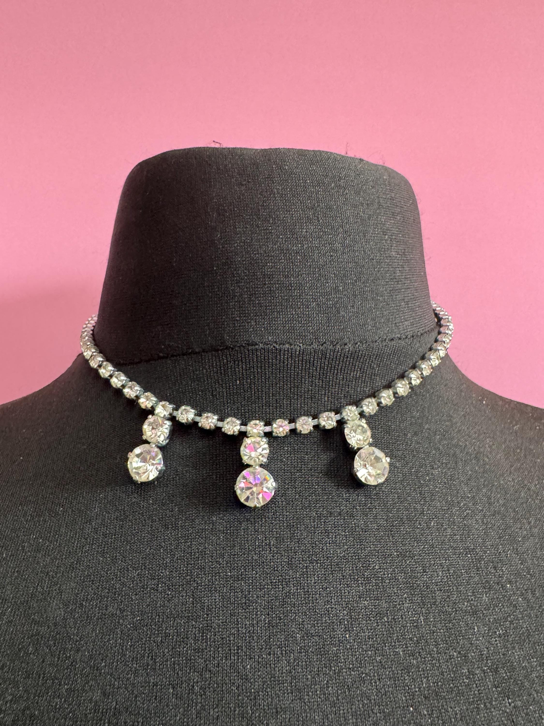 41cm vintage clear diamanté rhinestone crystal silver tone drop choker necklace mid century