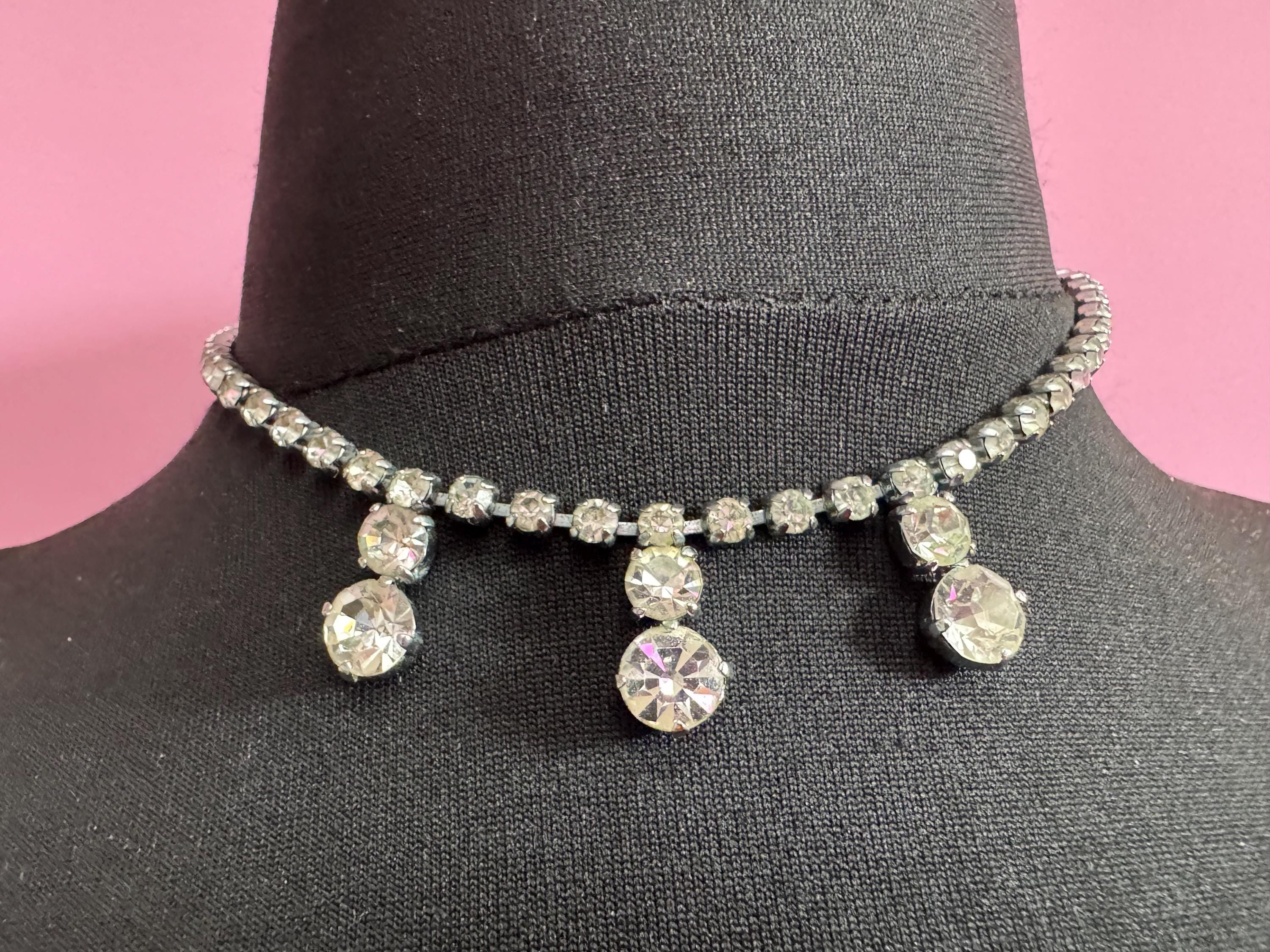 41cm vintage clear diamanté rhinestone crystal silver tone drop choker necklace mid century