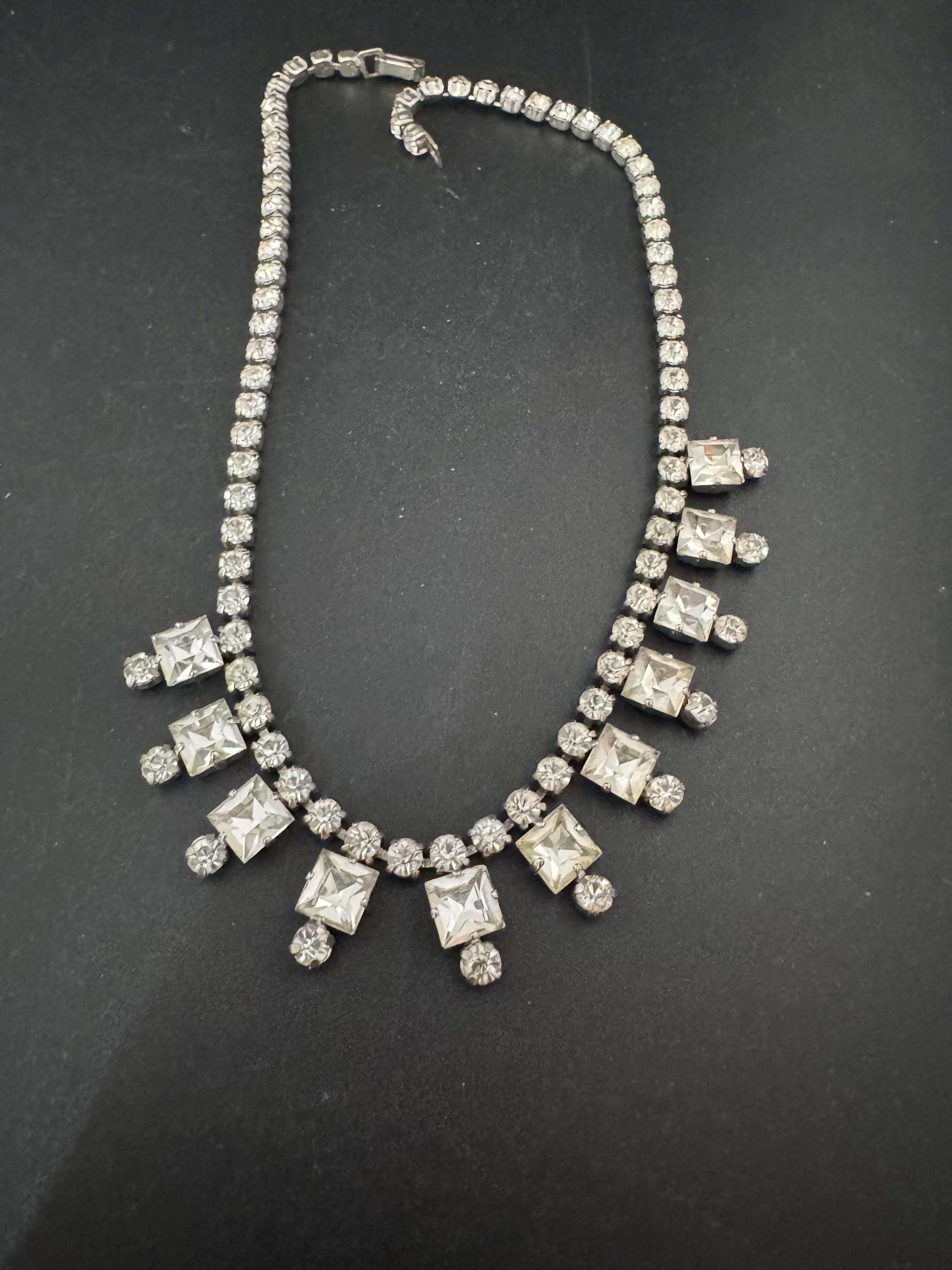 41cm vintage clear diamanté rhinestone crystal silver tone drop choker necklace mid century