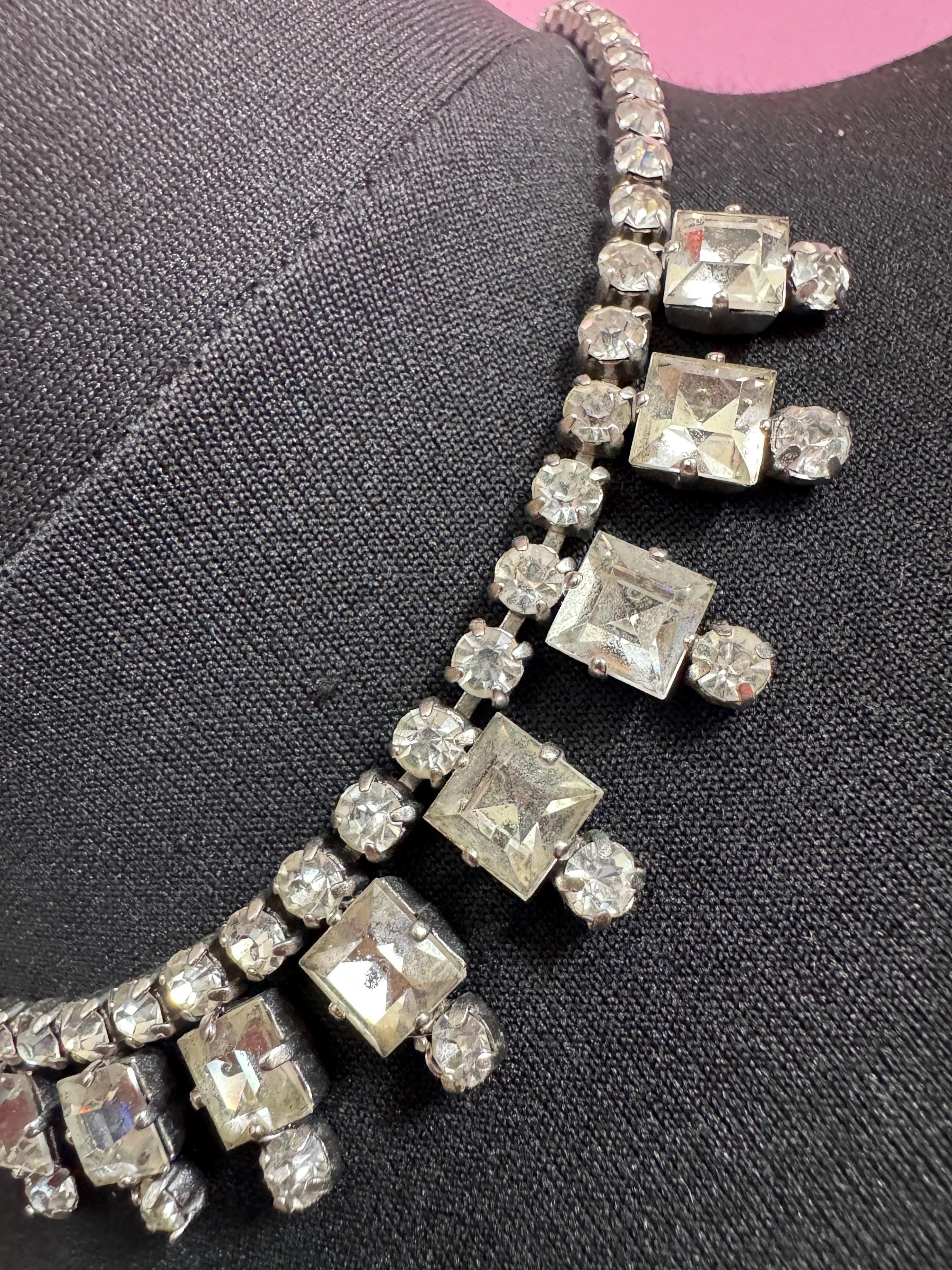 41cm vintage clear diamanté rhinestone crystal silver tone drop choker necklace mid century