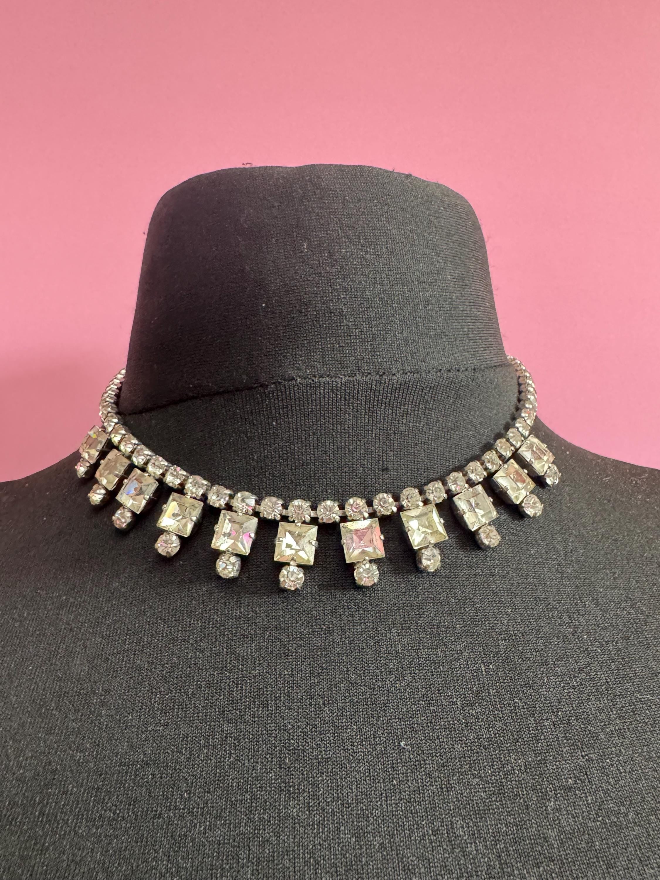 41cm vintage clear diamanté rhinestone crystal silver tone drop choker necklace mid century