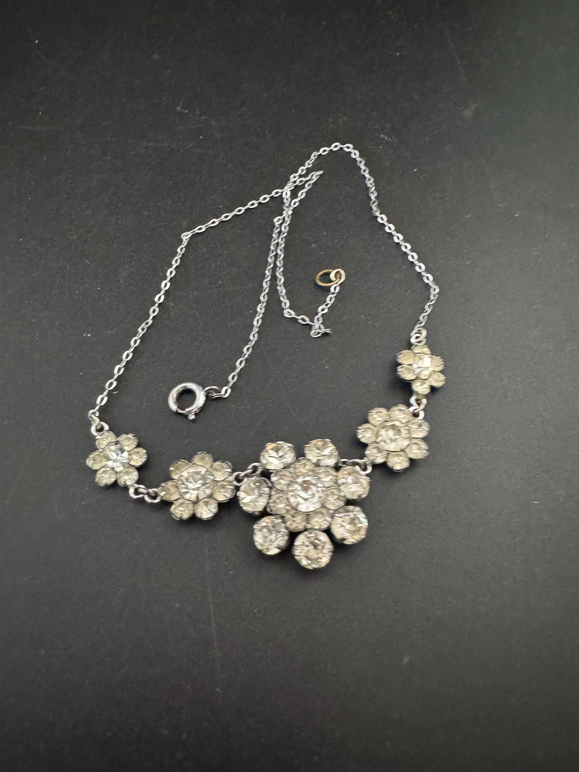 42cm vintage clear diamanté rhinestone crystal silver tone cable chain drop choker necklace mid century