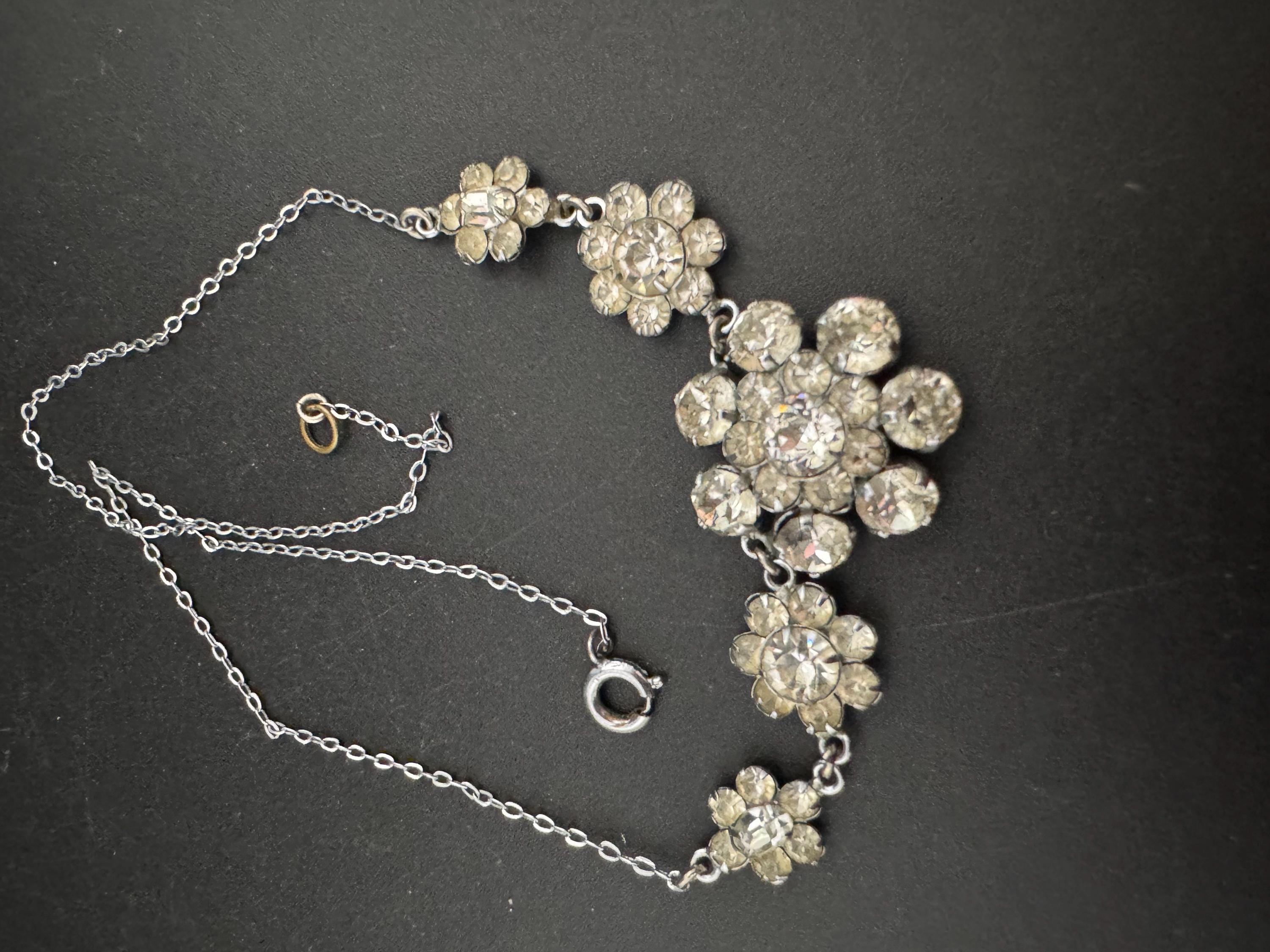 42cm vintage clear diamanté rhinestone crystal silver tone cable chain drop choker necklace mid century