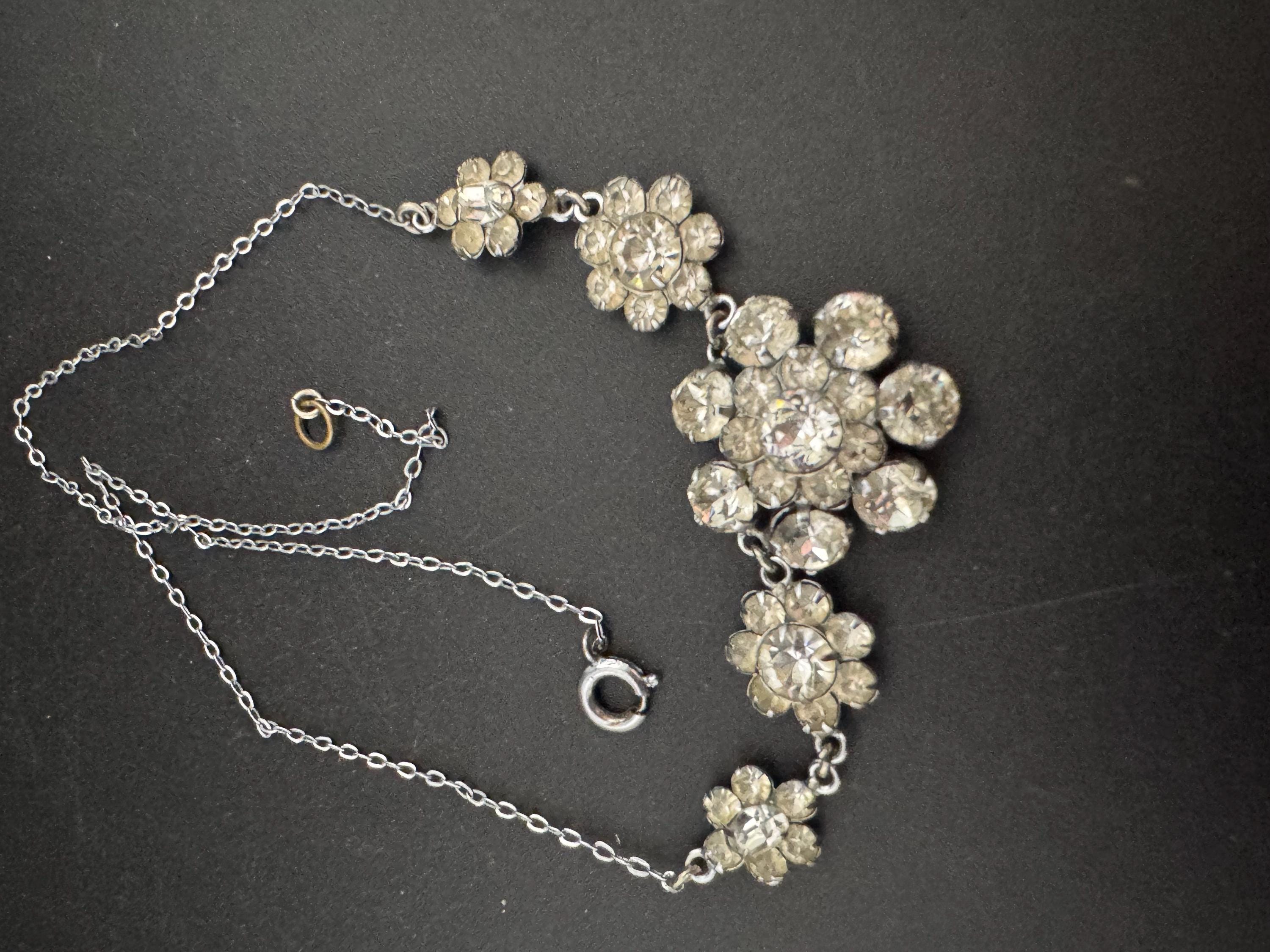 42cm vintage clear diamanté rhinestone crystal silver tone cable chain drop choker necklace mid century