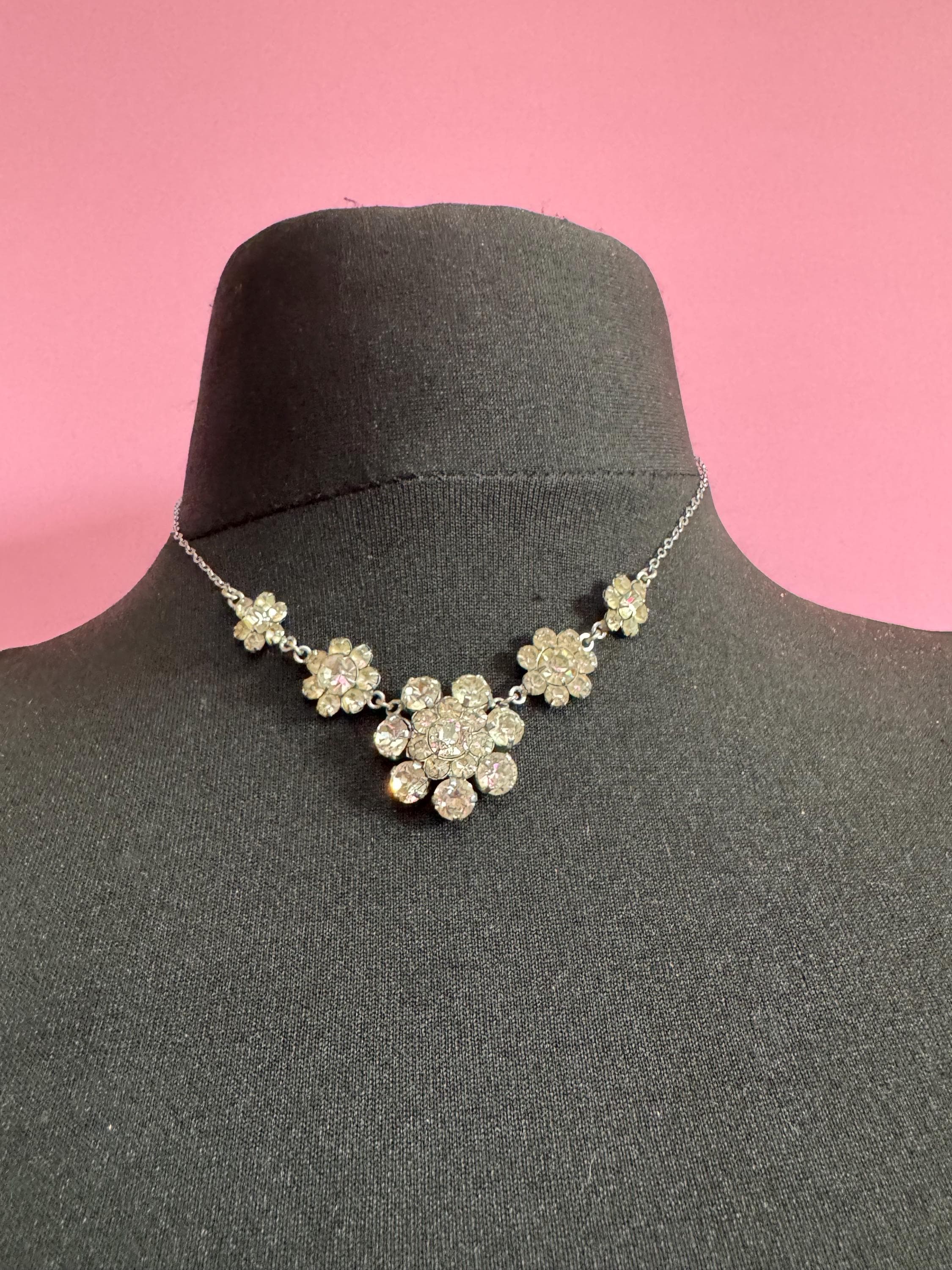 42cm vintage clear diamanté rhinestone crystal silver tone cable chain drop choker necklace mid century