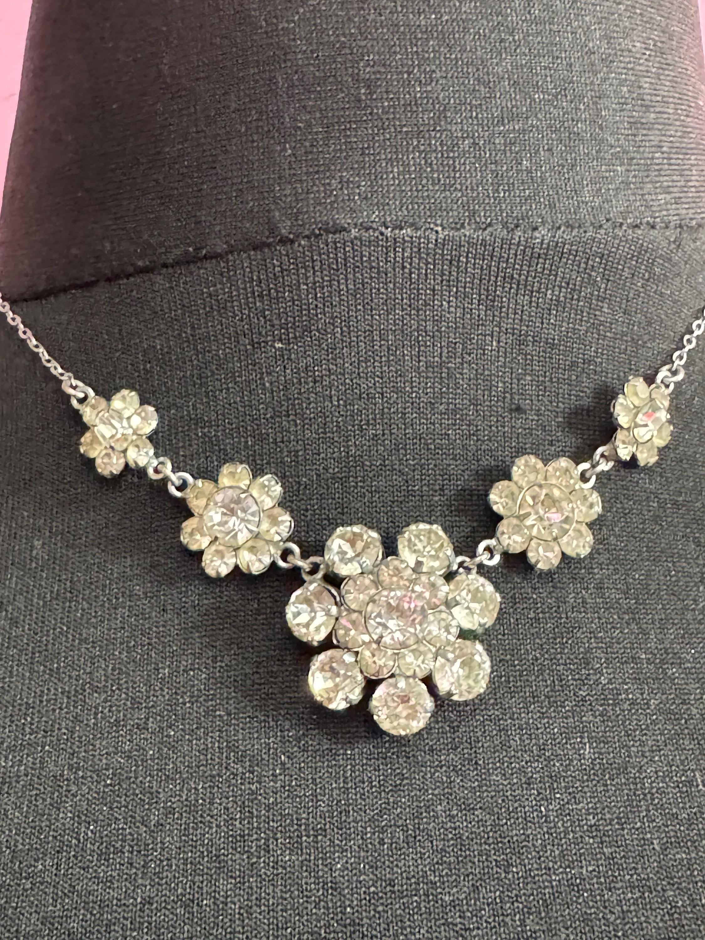 42cm vintage clear diamanté rhinestone crystal silver tone cable chain drop choker necklace mid century