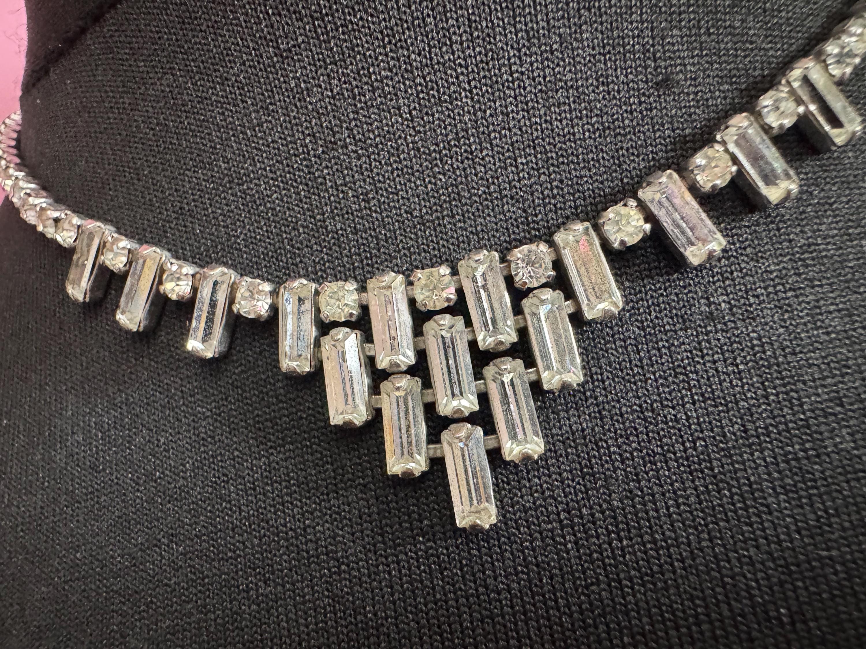 42cm vintage clear diamanté rhinestone baguette crystal silver tone drop choker necklace mid century