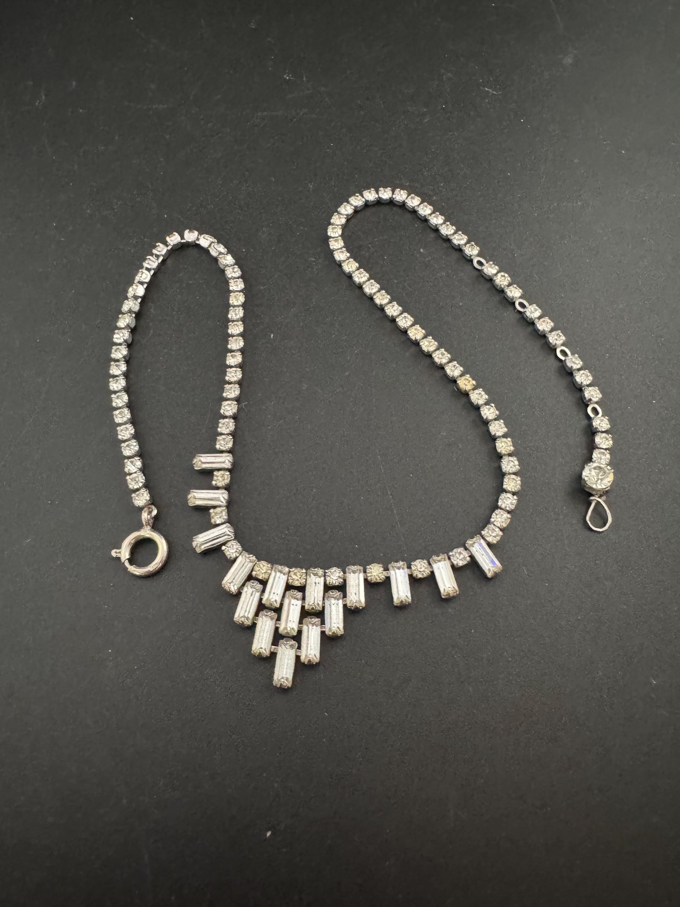42cm vintage clear diamanté rhinestone baguette crystal silver tone drop choker necklace mid century