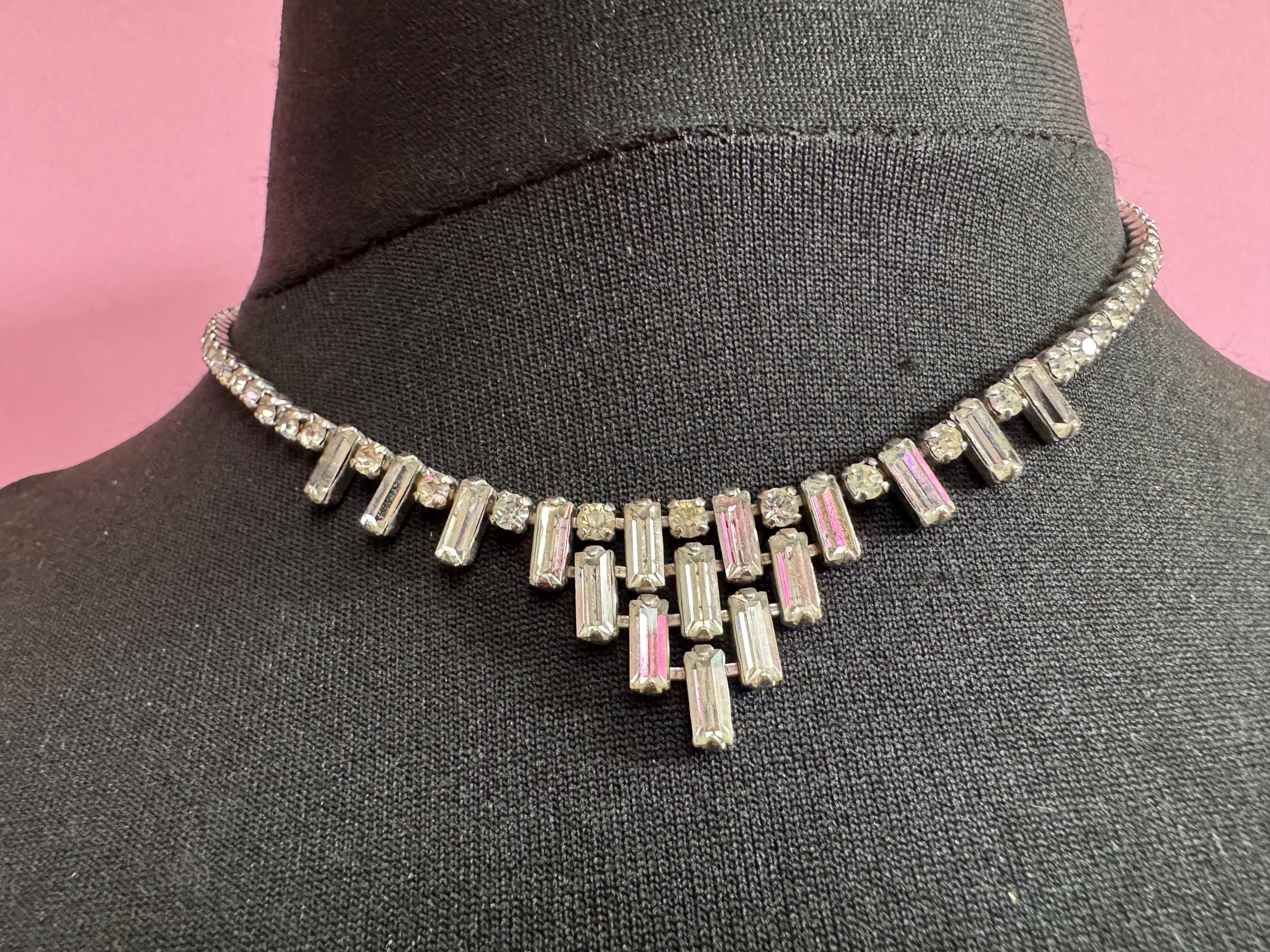 42cm vintage clear diamanté rhinestone baguette crystal silver tone drop choker necklace mid century