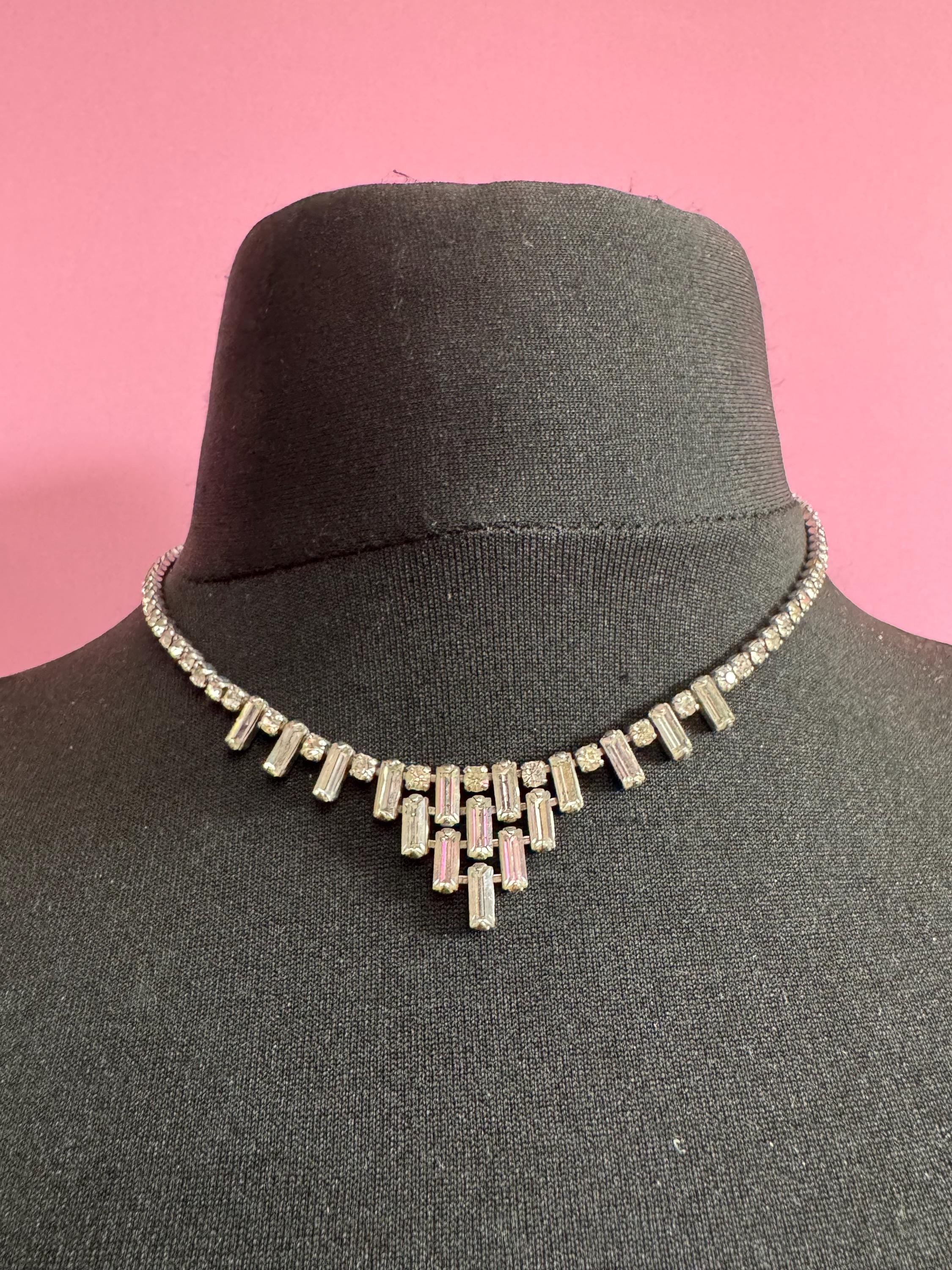 42cm vintage clear diamanté rhinestone baguette crystal silver tone drop choker necklace mid century