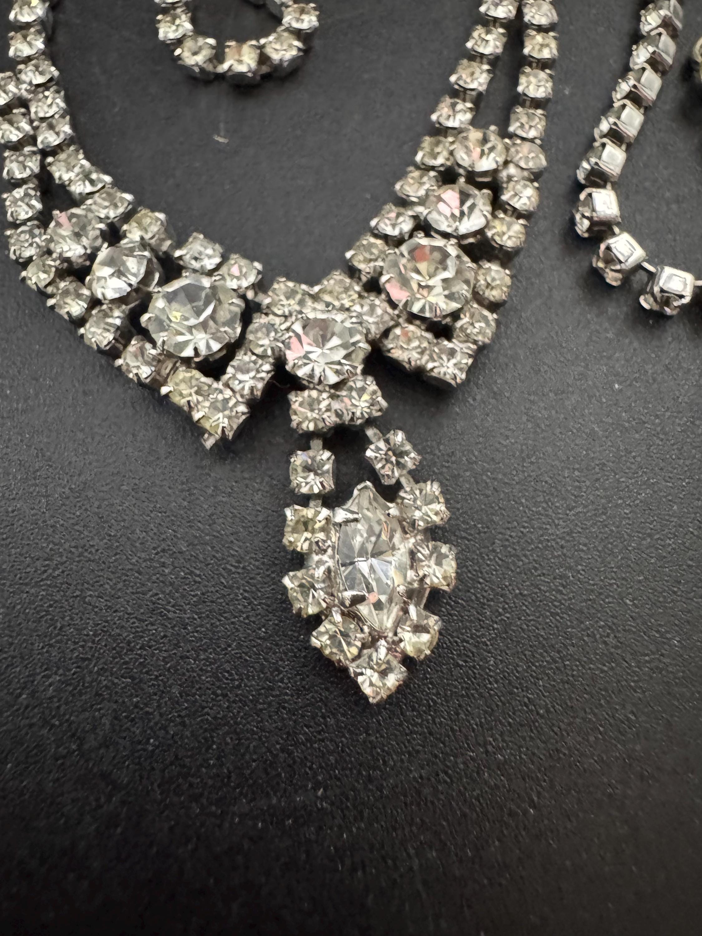 43cm vintage clear diamanté rhinestone crystal silver tone drop choker necklace mid century