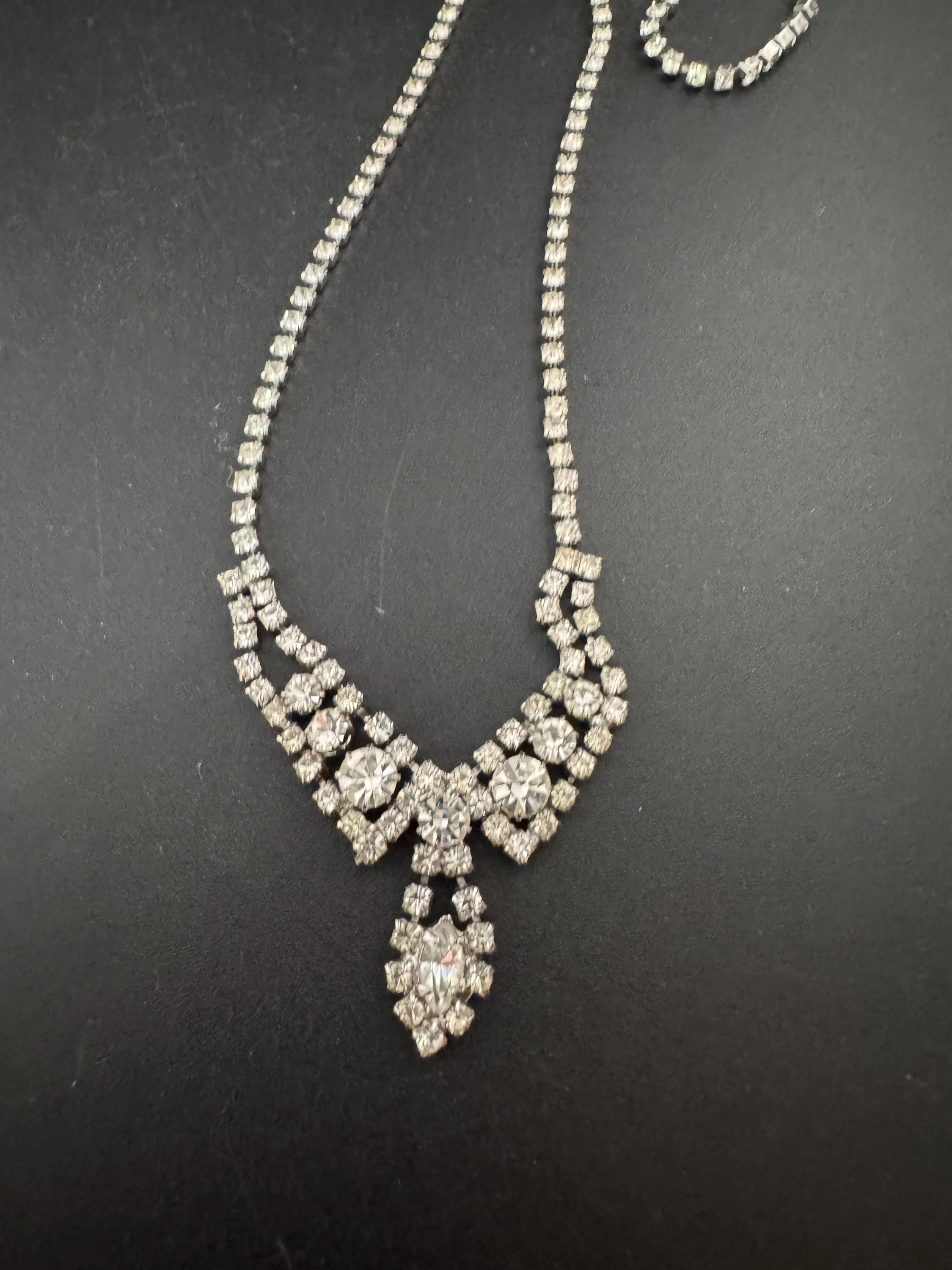 43cm vintage clear diamanté rhinestone crystal silver tone drop choker necklace mid century